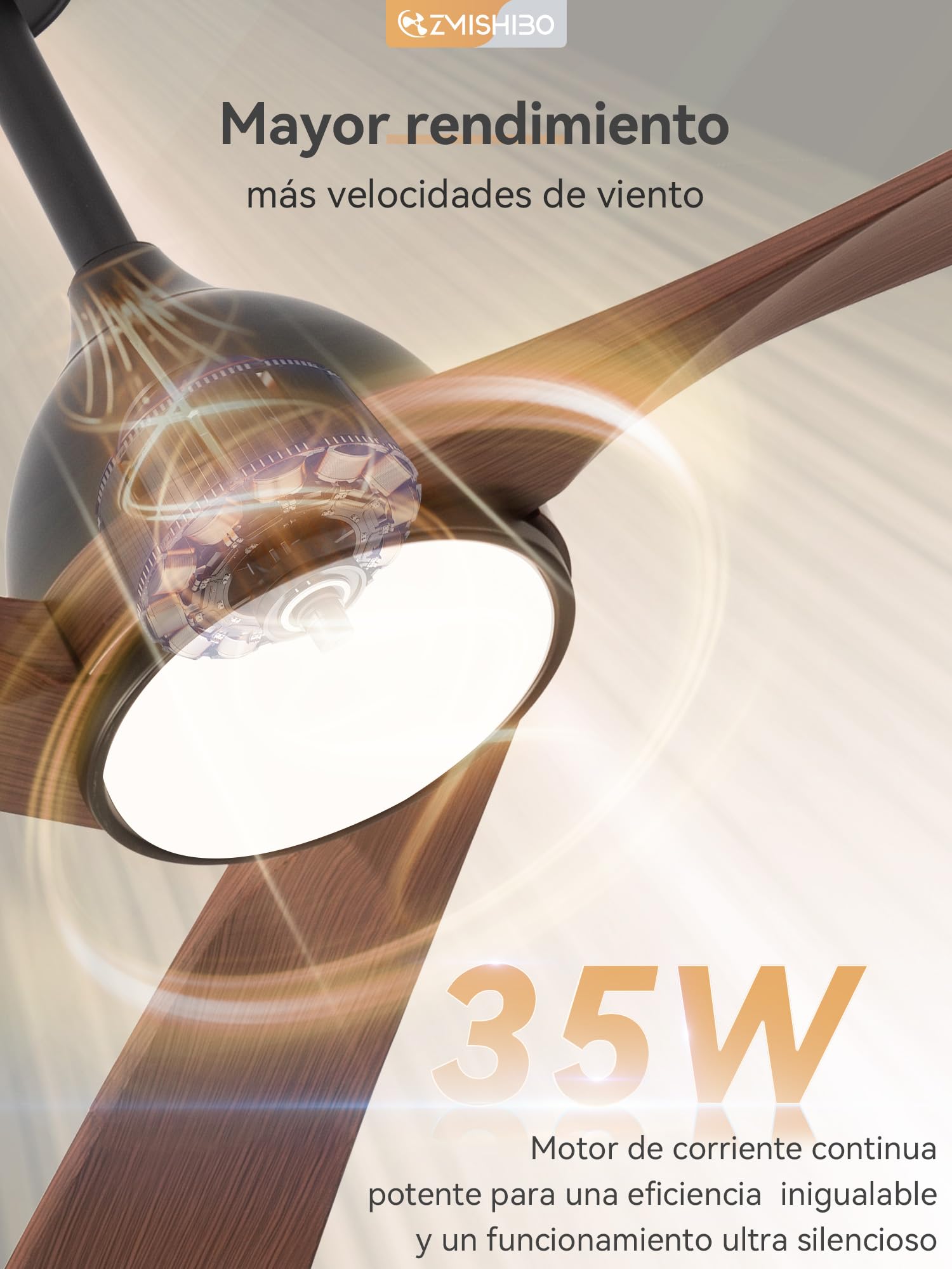 Ventilador Techo Luz Ø132cm, Motor DC Silencioso, 6 Velocidades + 3 Temperaturas LED (3000K-6000K), Reversible Verano/Invierno, Temporizador 1/4/8h, ABS Madera Marrón Oscuro,Montaje por el cliente