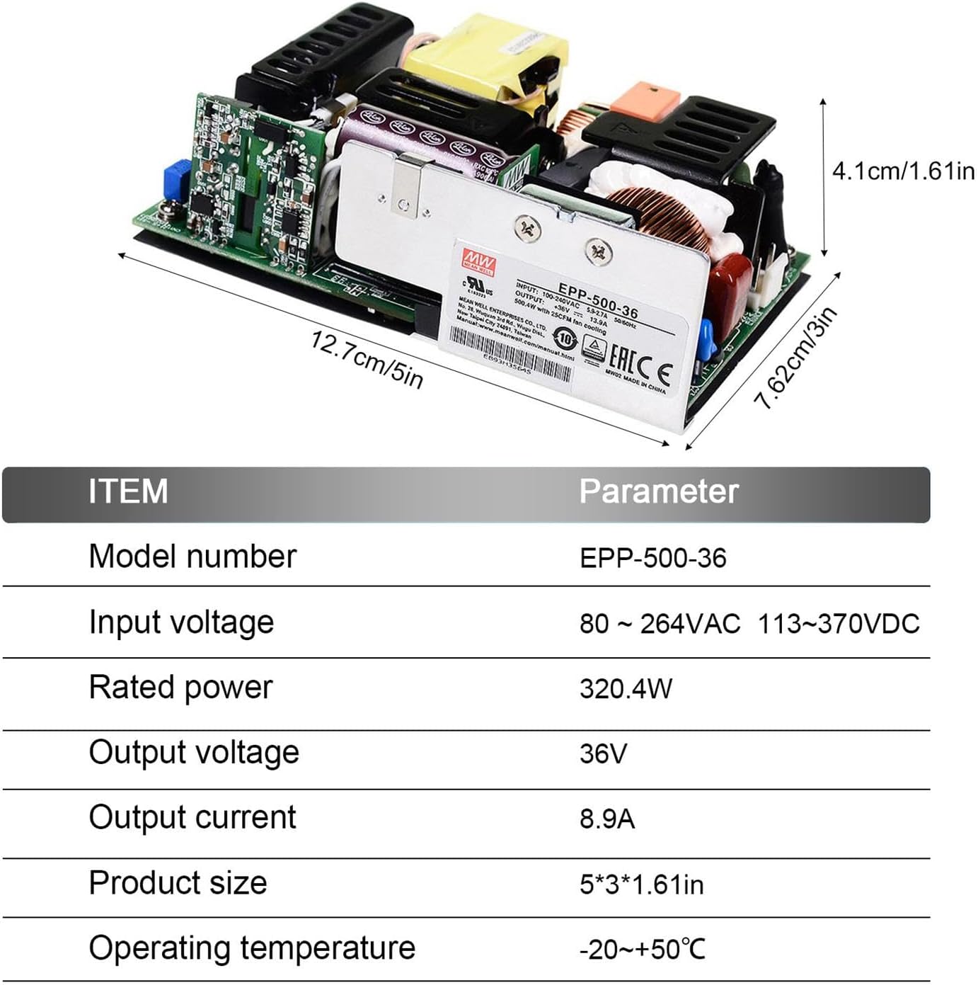 EPP-500-36 500W 36V Open Frame Power Supply, Constant Voltage, 5"x3", Green, Industrial Grade, for Automation Equipment, Test Systems, LED Lighting