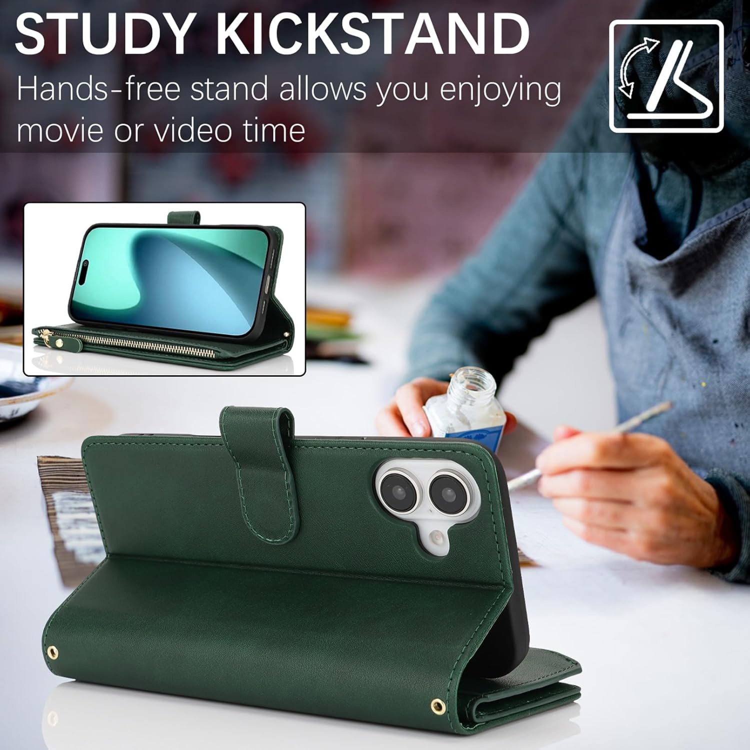 Jaorty Crossbody Wallet Compatible with iPhone 17 Phone Case for Women Men, with Card Holder,6.3 Inch, Purse with Shoulder Lanyard,[Wrist Strap], Zipper Pocket PU Leather, Dark Green - Image 3