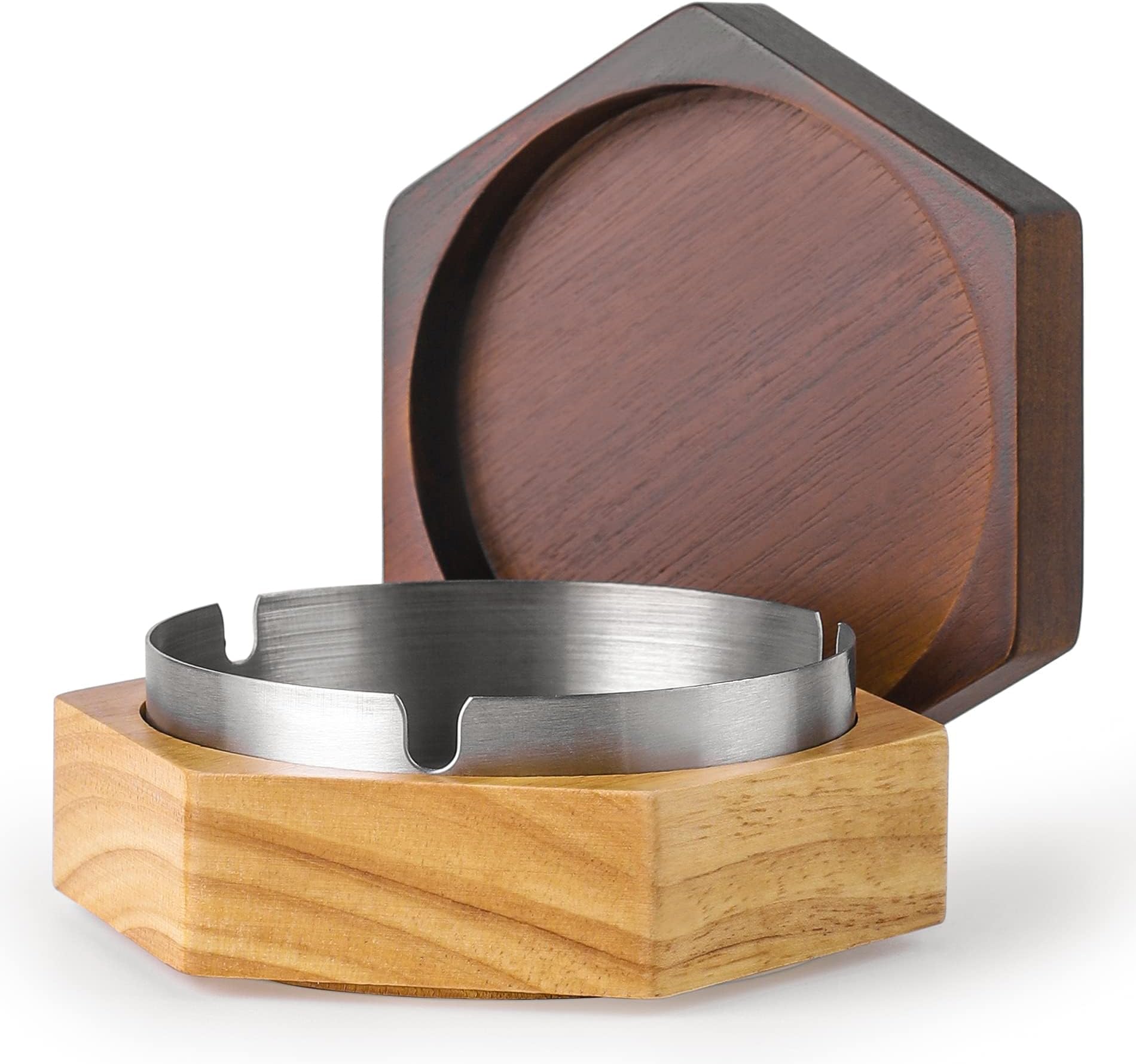 Cute Ashtrays，Hexagonal Ash Tray with Stainless Steel Liner Easy to Clean Windproof Wooden Ashtray with Lid for Home,Office,Indoor,Parties