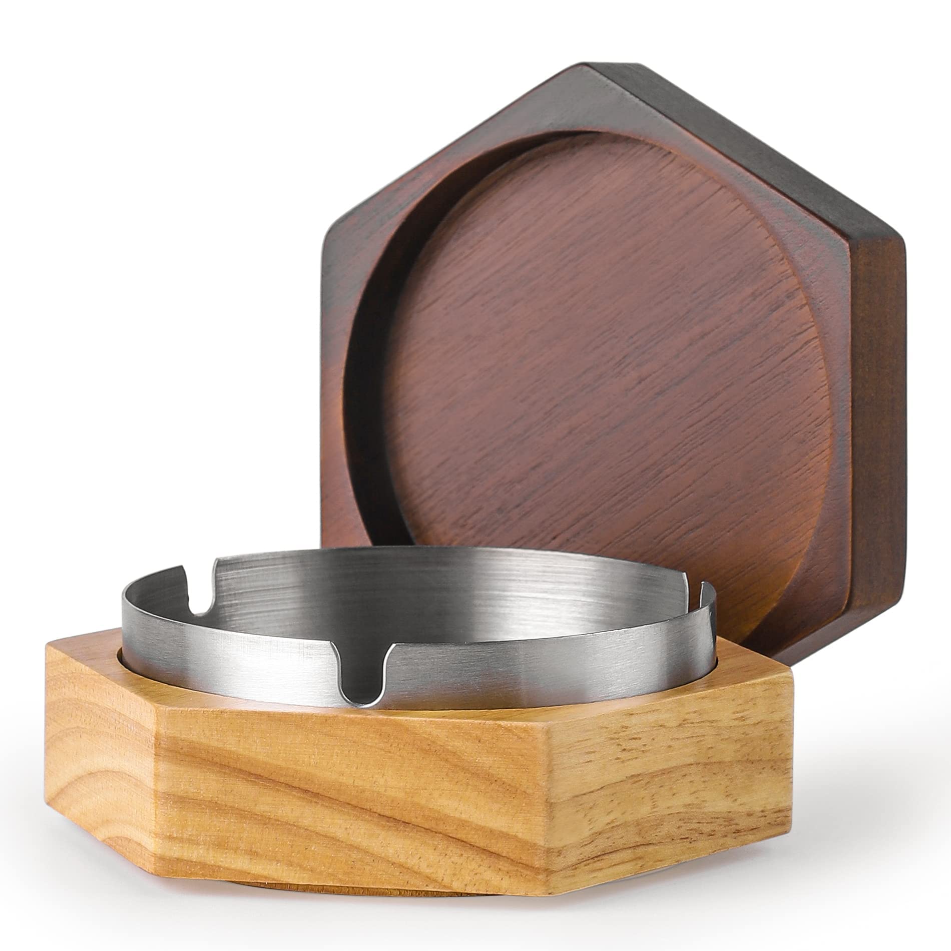 Cute Ashtrays，Hexagonal Ash Tray with Stainless Steel Liner Easy to Clean Windproof Wooden Ashtray with Lid for Home,Office,Indoor,Parties