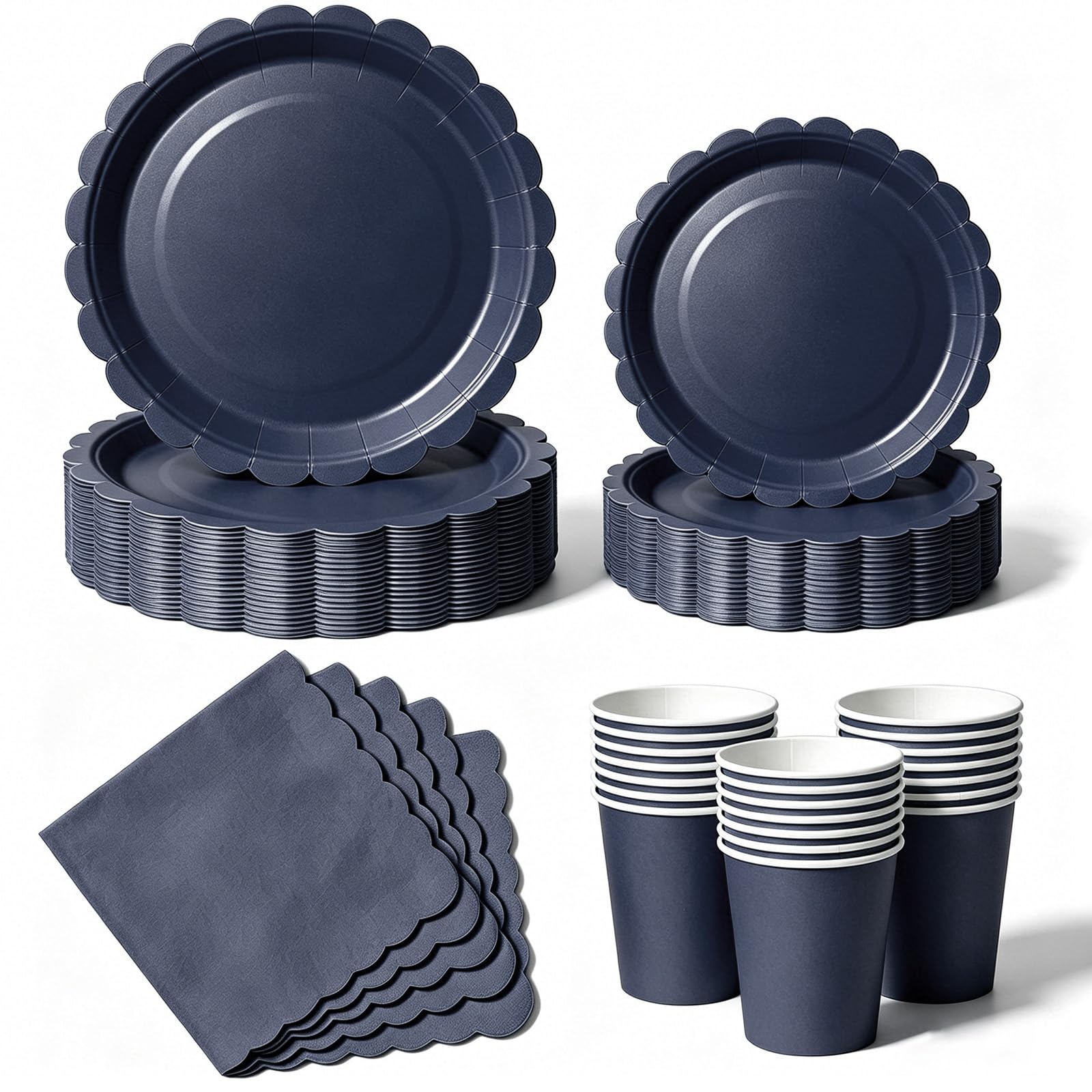 Nkaiso 50 Pcs Navy Blue Scalloped Paper Plates and Napkins Set for 10