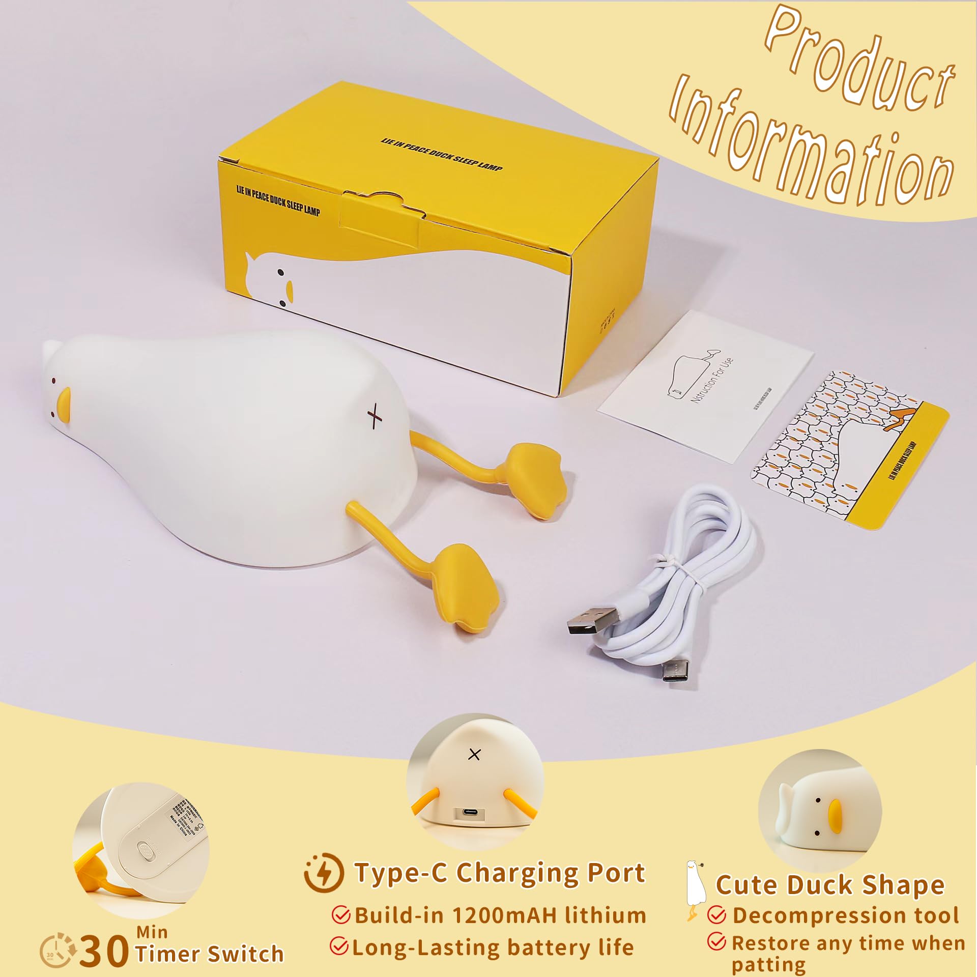 Kinder Liegende flache Ente Nachtlicht, LED Ducky Lay Nachtlampe, süßes Silikon Kinderzimmer Nachtlicht, wiederaufladbare Nachttischlampe zum Stillen, Kawaii Geschenk Zimmer Büro Schreibtisch