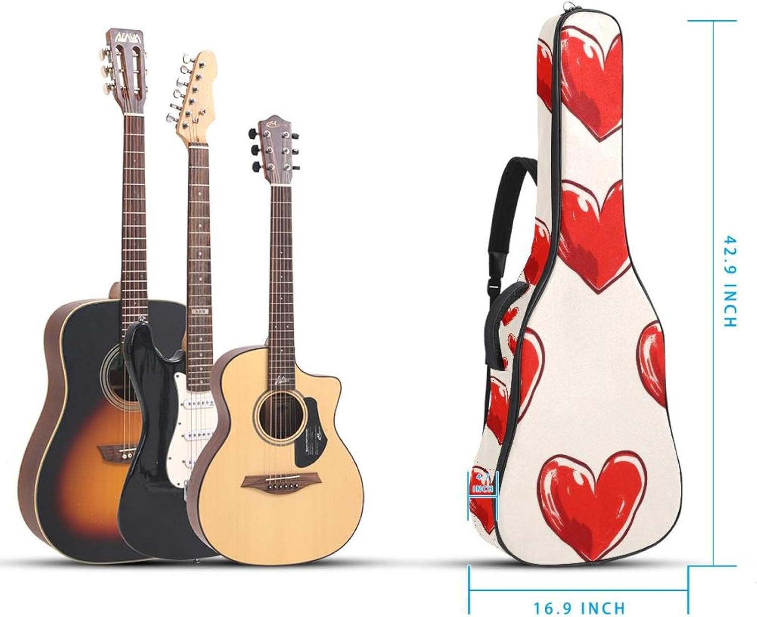 Acoustic Guitar Gig Bag 10mm Thick Padding, Soft Waterproof Guitar Case with Adjustable Backpack Straps for 40-42 Inch Guitar, Cute Red Hearts on Cream Background