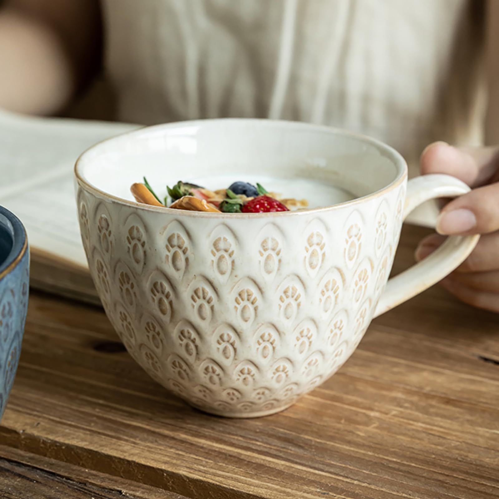 Taza de desayuno a cuadros de 500 ml con esmalte de horno de avena retro de cerámica, 500 ml