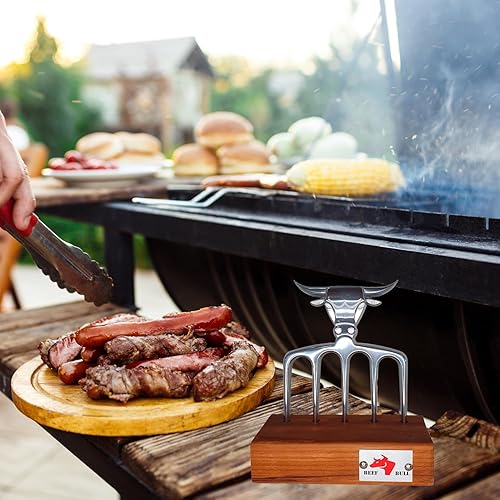 Miniatura 6 de BEEF BULL Kit de tenedor de carne pulida y base decorativa de madera, accesorios para asar a la parrilla de metal sólido y madera mango estilizado