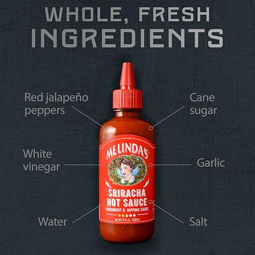 Miniatura 9 de Melinda's Salsa picante Sriracha  Salsa picante clásica, gourmet hecha con jalapeños rojos fermentados y ajo  Salsa picante ceto, vegana, sin OMG y