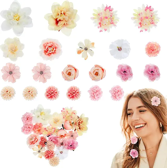 21Pcs Realistic Silk Flower Hair Clips - Pink Hawaiian Boho Hair Accessories for Girls