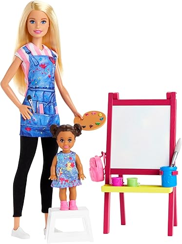 Barbie Juego de arte para profesores con muñeca rubia muñeca pequeña caballete con función de cambio de color paleta cepillo contenedores taburete