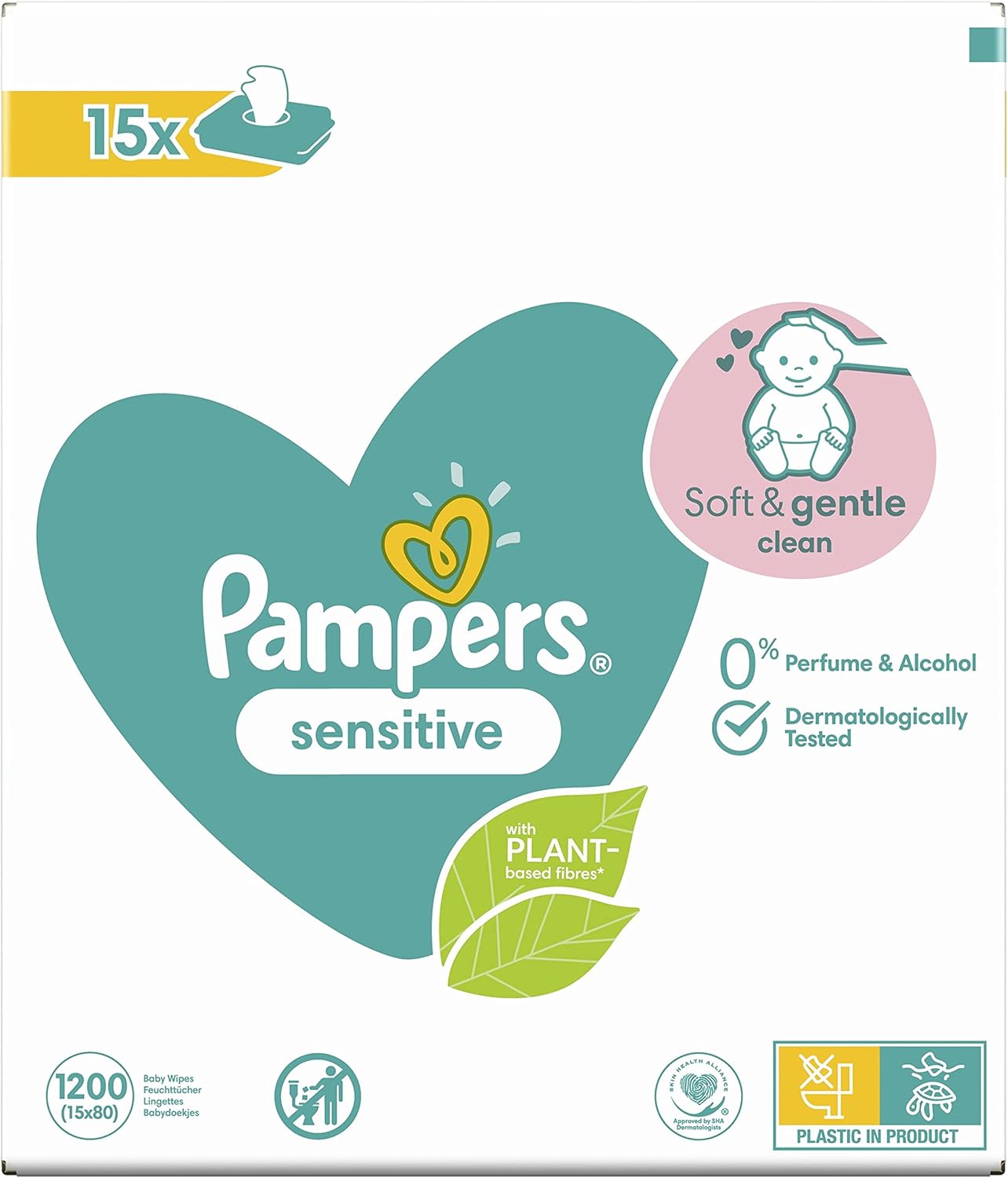 Pampers Baby Wipes Multipack, Sensitive, 1200 Wet Wipes (15 x 80), Baby