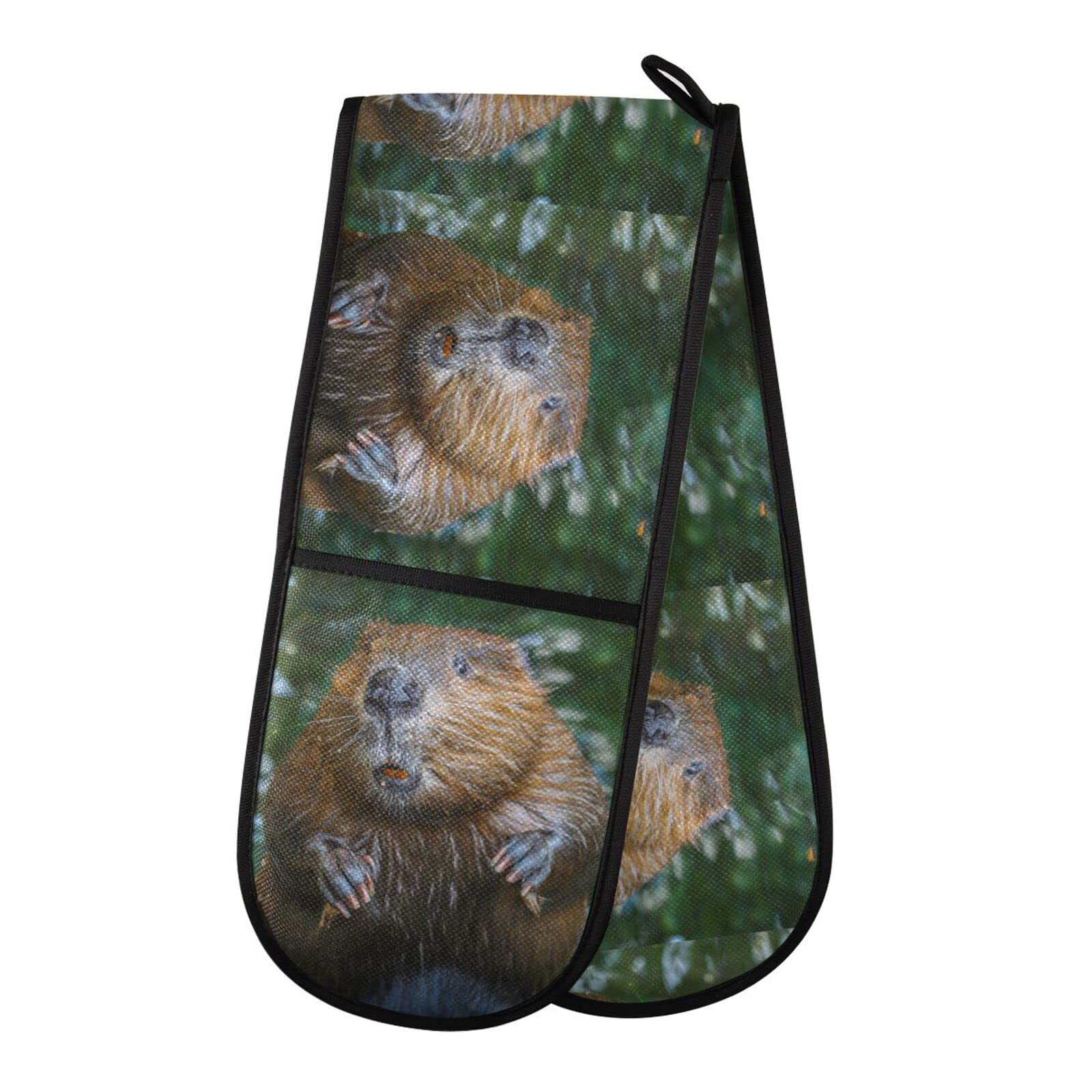 Double Oven Glove Cute Beaver Heat Resistant Double Ovens Mitt Modern Cooking Gloves Potholders