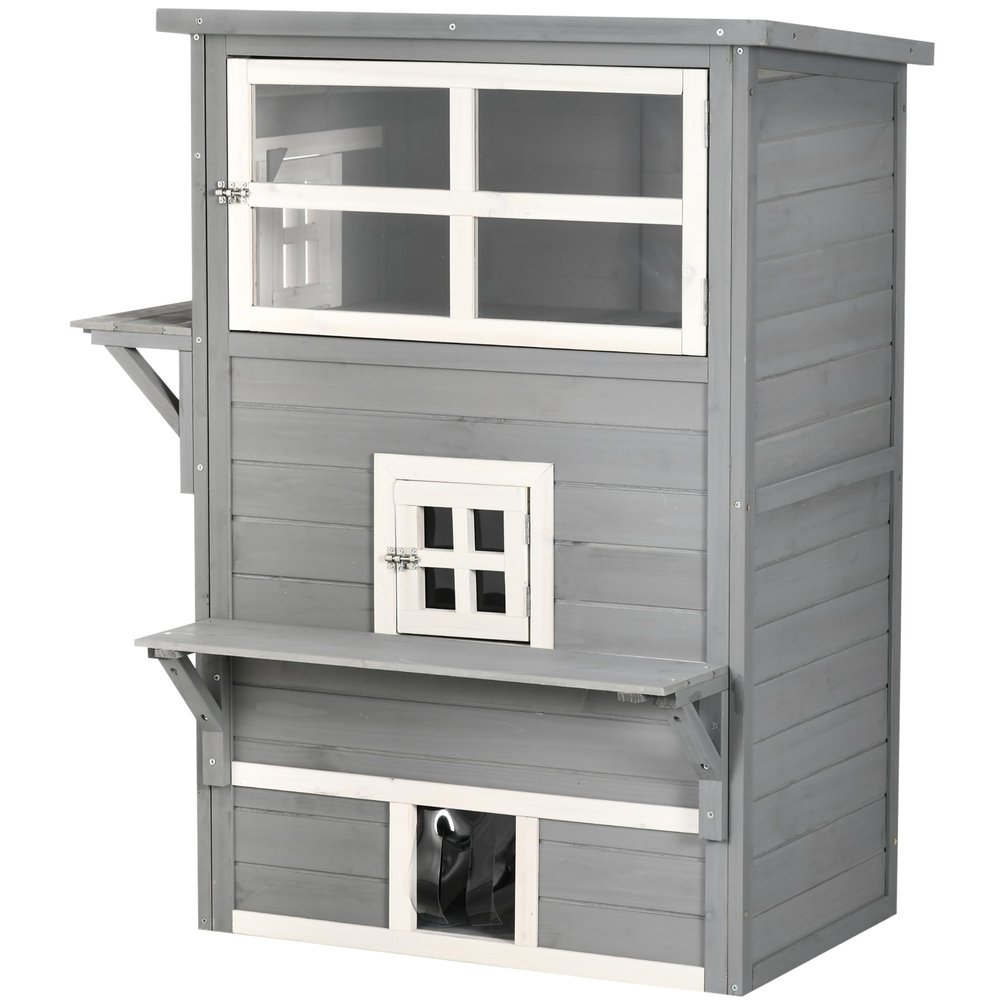 PawHut Caseta para Gatos de Madera 98x68,5x122 cm Casa para Gatos Grande de 3 Niveles con 5 Puertas y 2 Plataformas para Terraza Balcón Jardín Gris