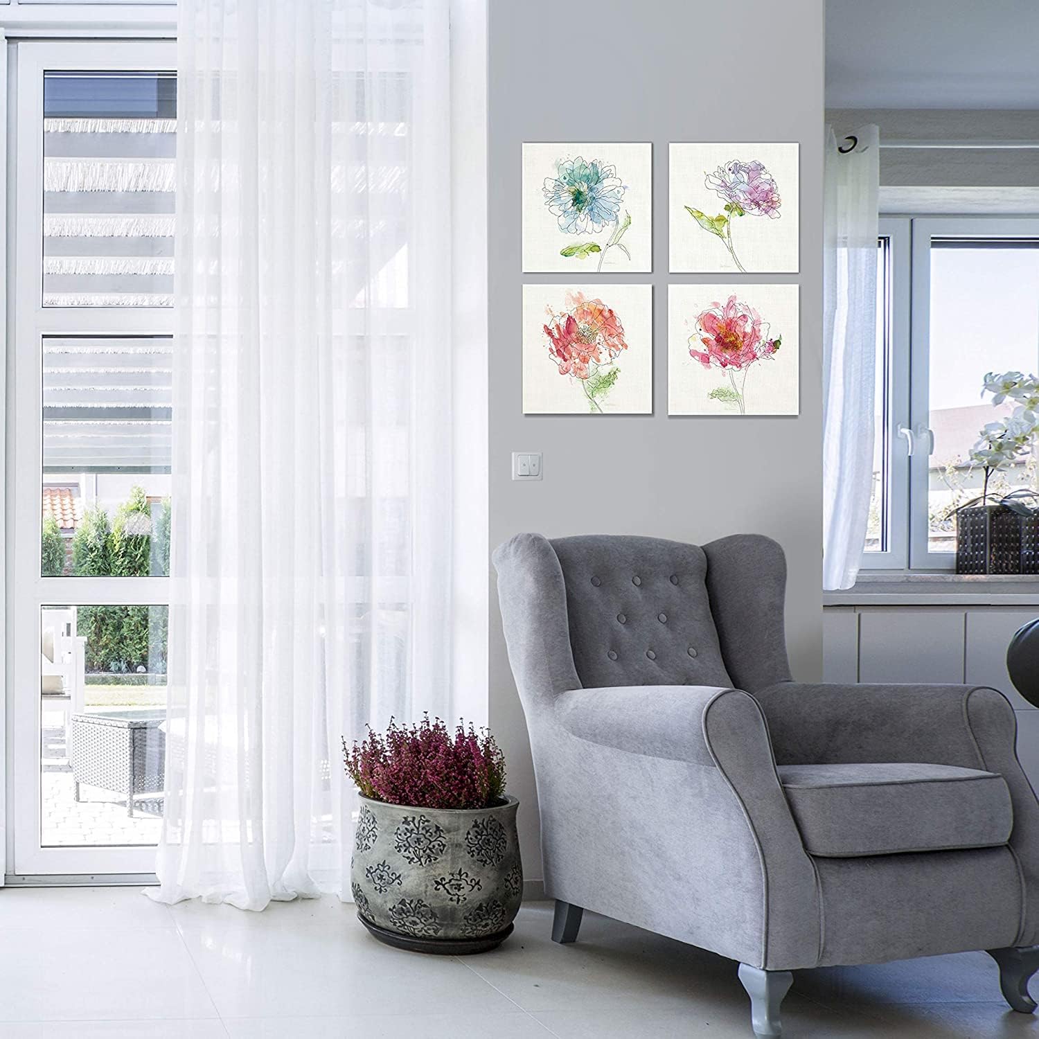 Renditions Gallery Canvas Wall Art, 4 Panels Set 12x12 Inches Each Framed Artwork, Simple Study Flowers Painting Illustration Pictures for Bedroom Decoration
