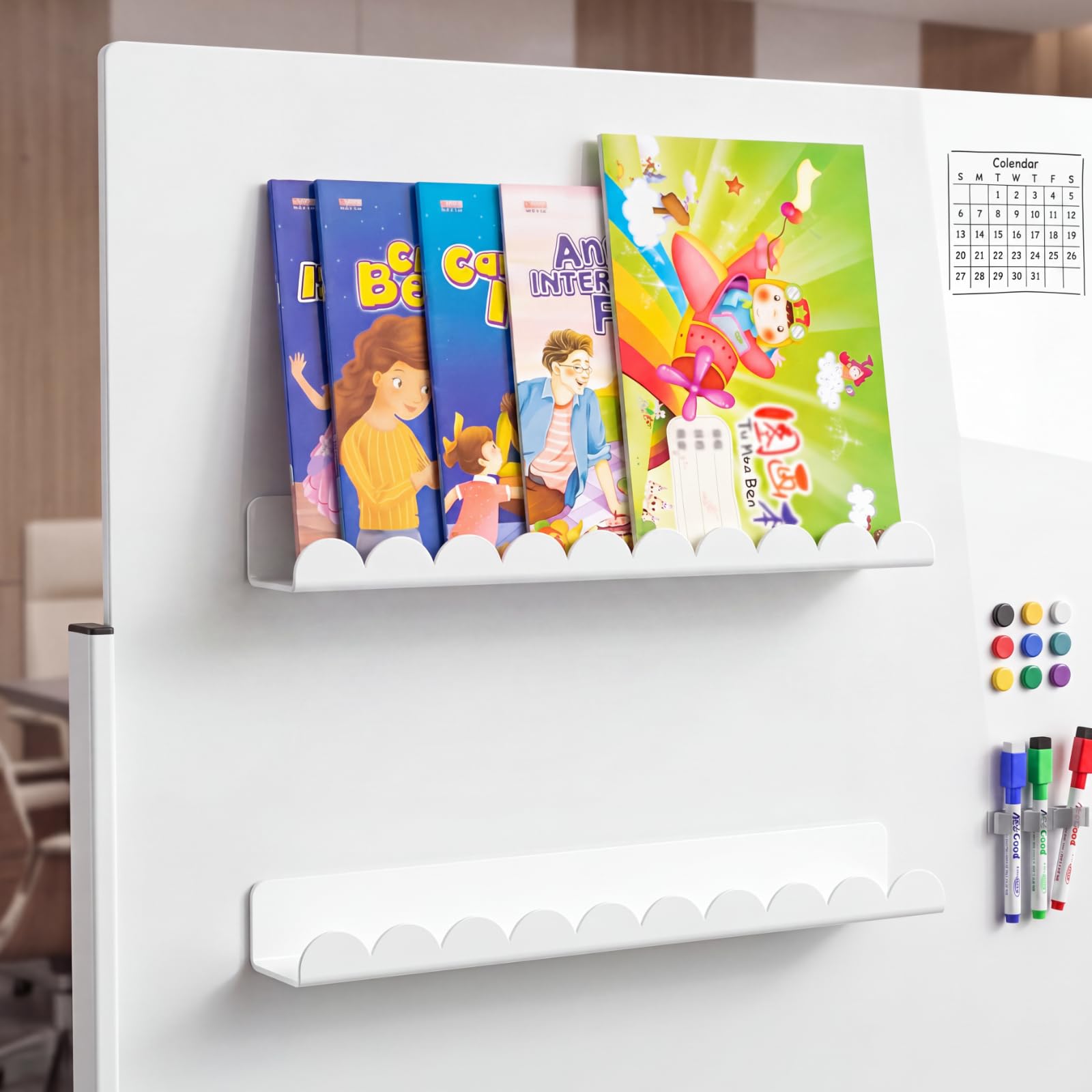 2 Pcs Scalloped Magnetic Book Shelf for Whiteboard 15.8 Inch Reusable Acrylic Floating Bookshelves Magnetic Book Holder for Whiteboard Refrigerator Office Teacher, White-image-27