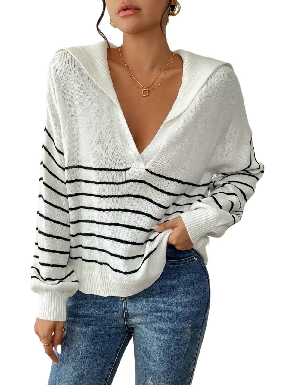 Pullovers Stripe Womens Pattern Collar Drop Shoulder Sweater Long Sleeve Tops