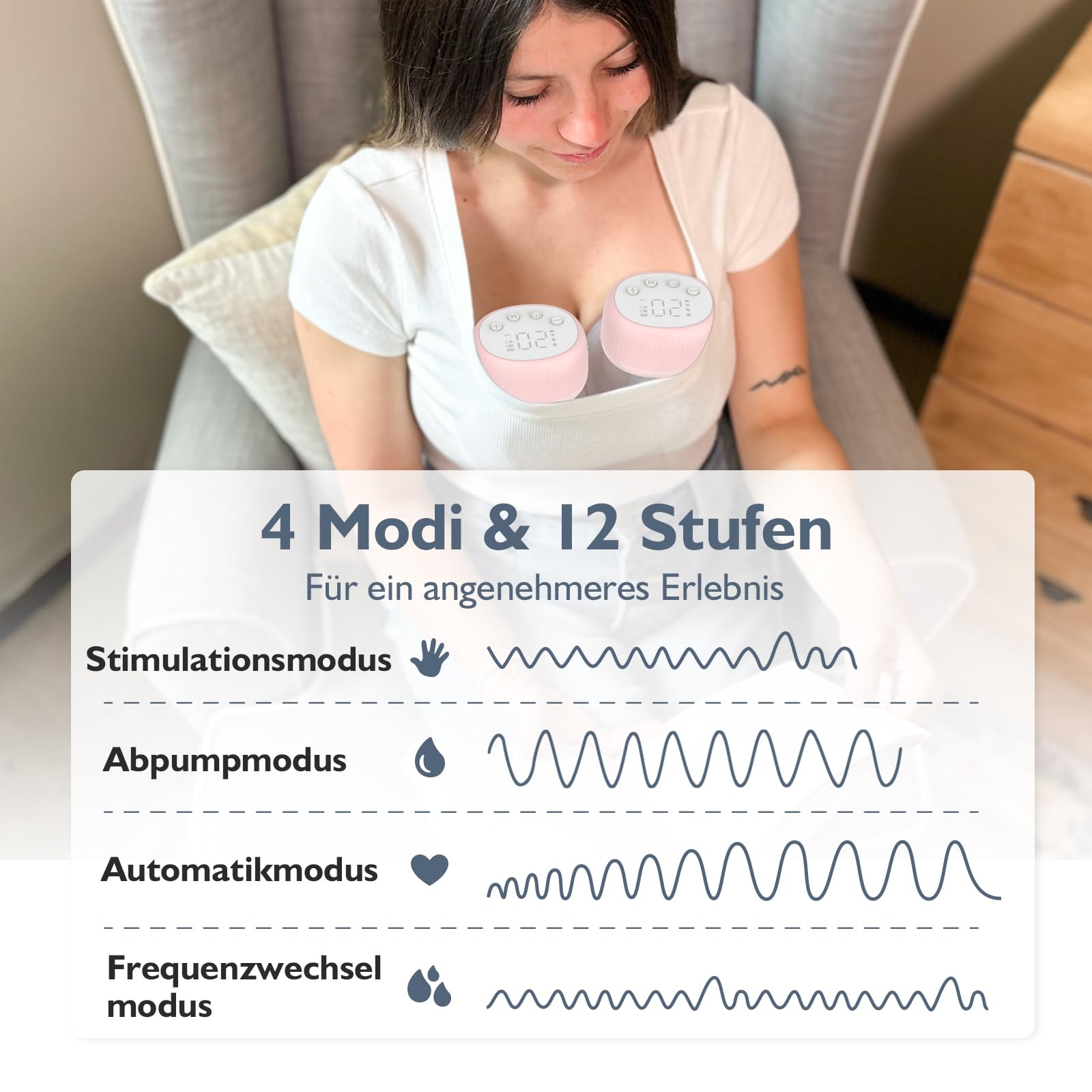 MOMMED Elektrische Milchpumpe, MY-385 Doppel Milchpumpe Freihändig mit 4 Modi & 12 Stufen, Auslaufsicheres Design, 24 mm Tragbare Milchpumpe, Inklusive 19 & 21 mm Flanscheinsätze, 2 Stück