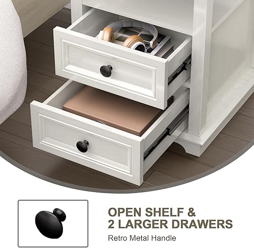 Miniatura 6 de Mesa auxiliar con estación de carga rápida USB C, mesa auxiliar de sofá de 24 pulgadas de alto con 2 cajones, armario de almacenamiento cuadrado de