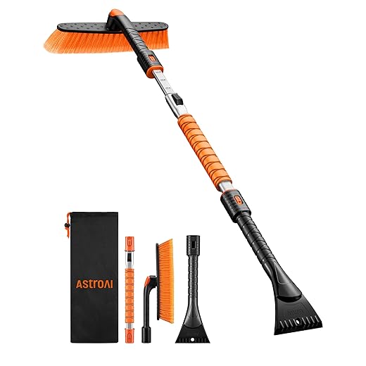 AstroAI 47.2" Ice Scrapers for Car Windshieldand Extendable Snow Brush with Foam Grip and 360° Pivoting Brush Head for Christmas Car Auto Truck SUV(Orange)