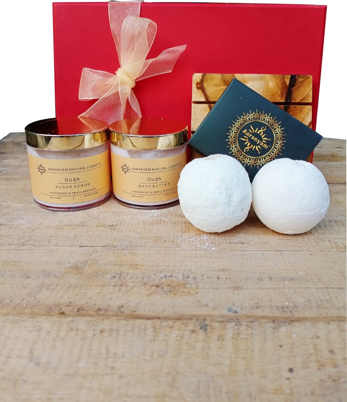 Aaranyam Spa gift Set for women Majestic Oudh bath bomb, Handmade organic soaps, Body butter, Sugar Scrub, wooden soap dish great gift hamper for birthday, anniversary, festivals, party return gift.-image-45