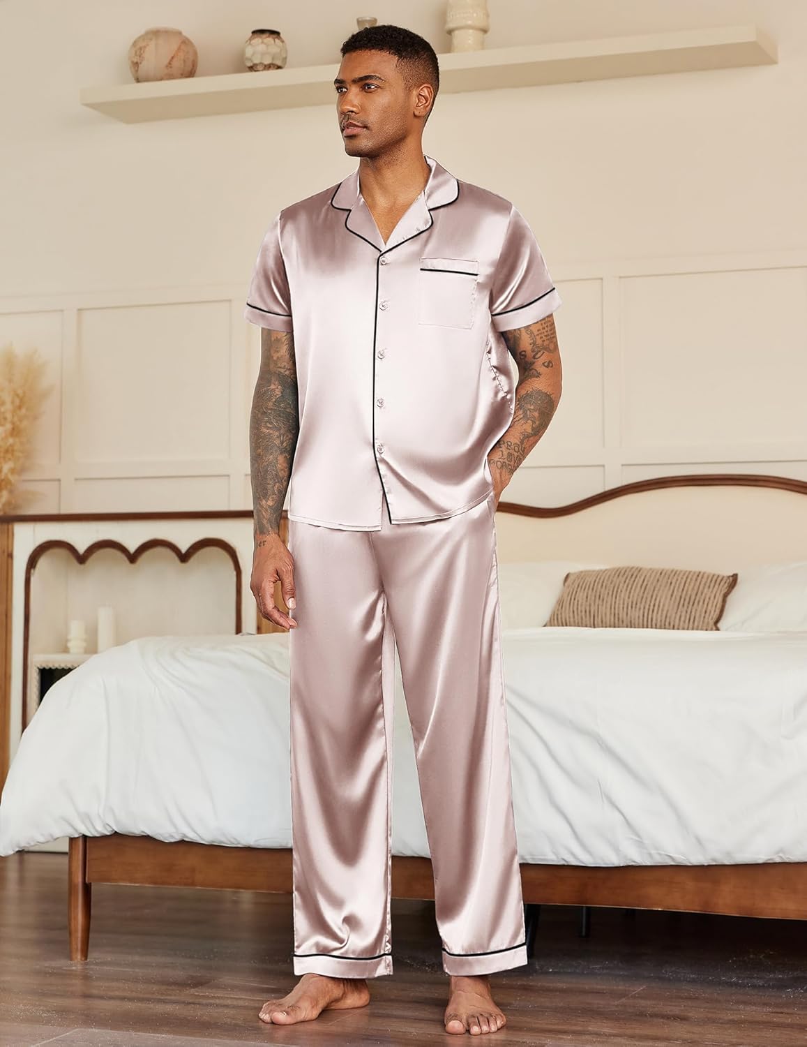 Ekouaer Mens Satin Pajama Set Short Sleeve Button Down Sleepwear Classic Loungewear Set with Long Pants - Image 4