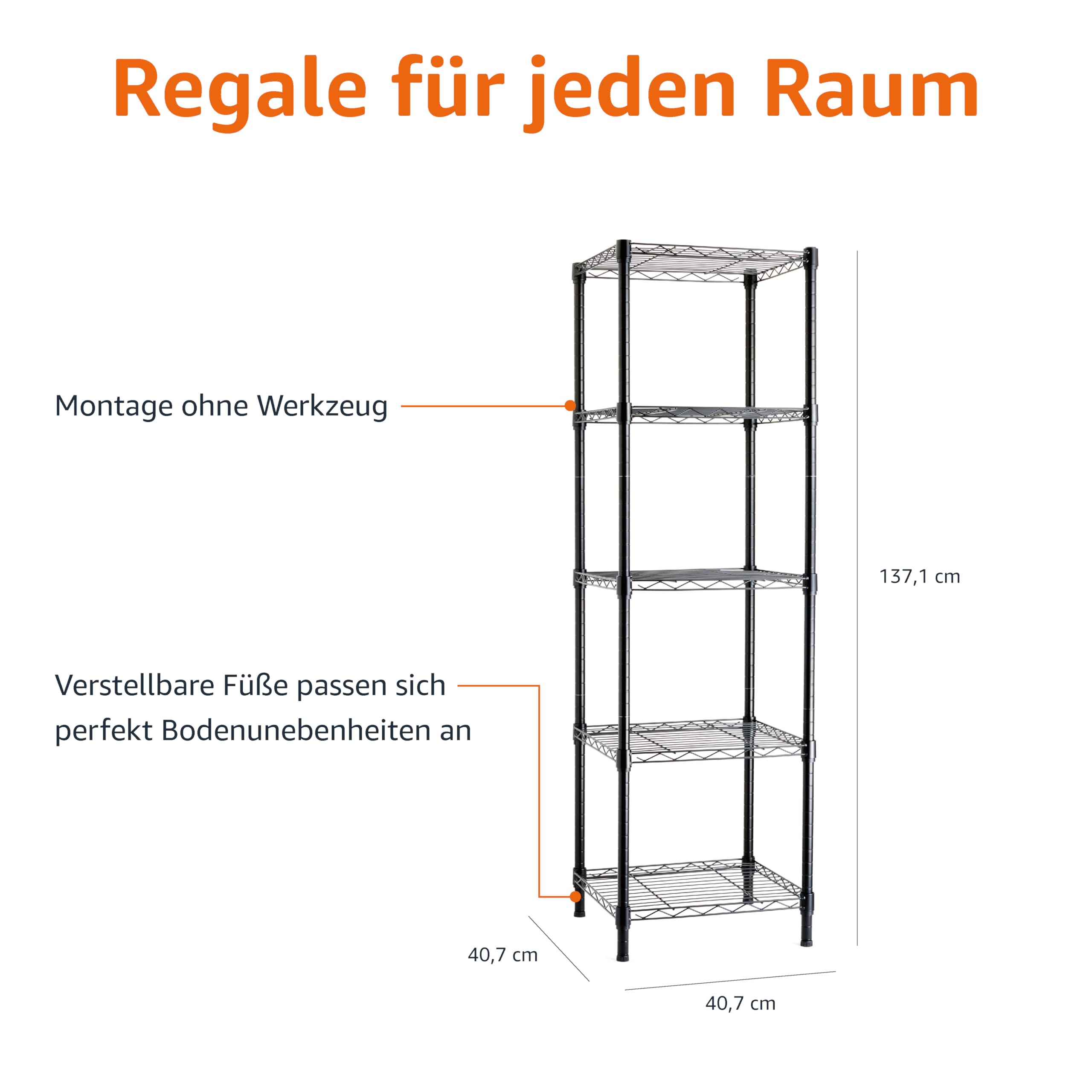 Amazon Basics Verstellbares Turmregal mit 5 Regalböden, Lagereinheit, Schwarz, 40.6 x 40.6 x 137.2 cm (T x B x H)