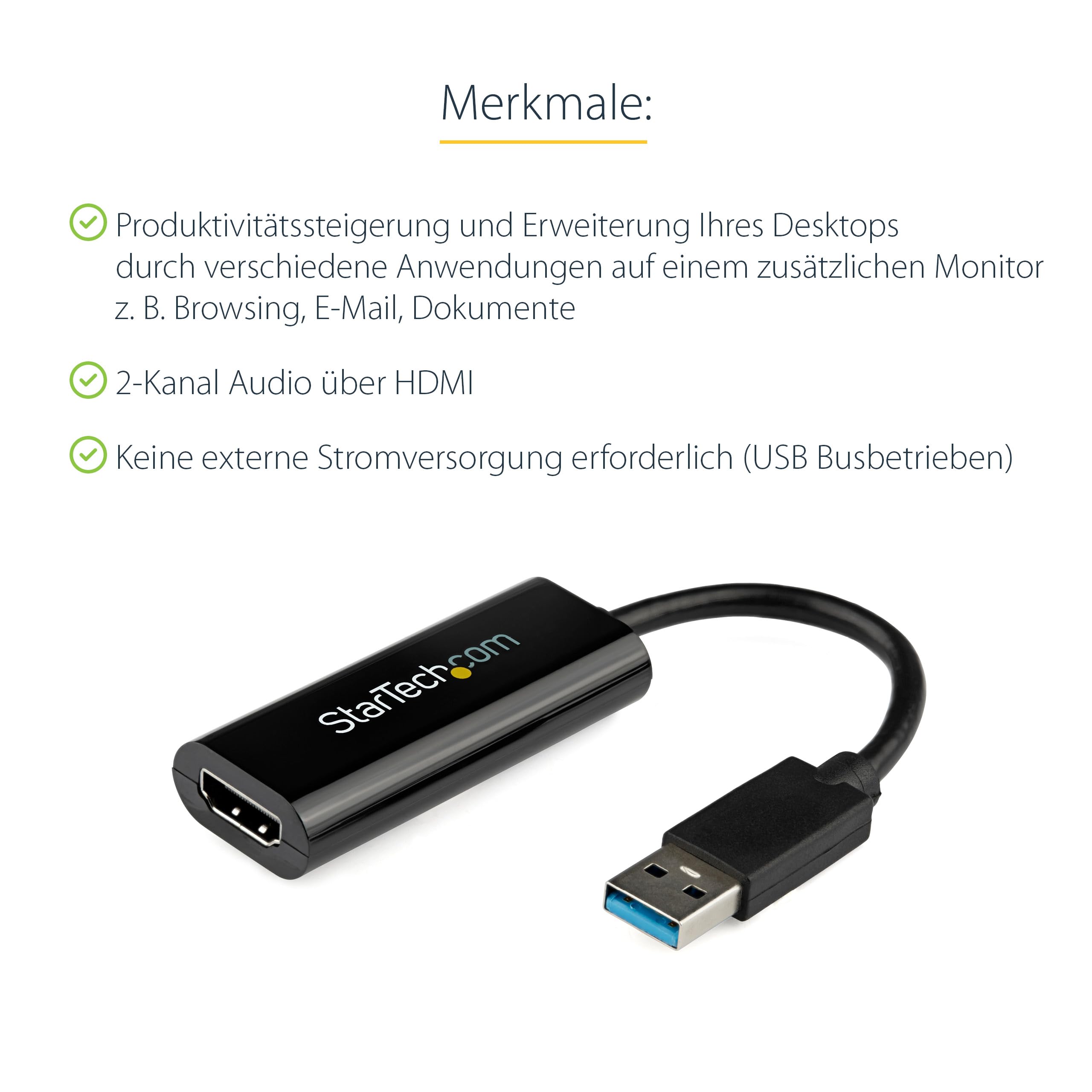 StarTech.com Adapter, USB 3.0 auf HDMI – 1080p (1900 x 1200) – Videoanzeigeadapter für Zwei/mehrere Monitore mit externer Grafikkarte (USB32HDES) | Monitor Adapter, Externe Grafikkarte, USB-betrieben, Reisefreundlich, Zusatzbildschirm