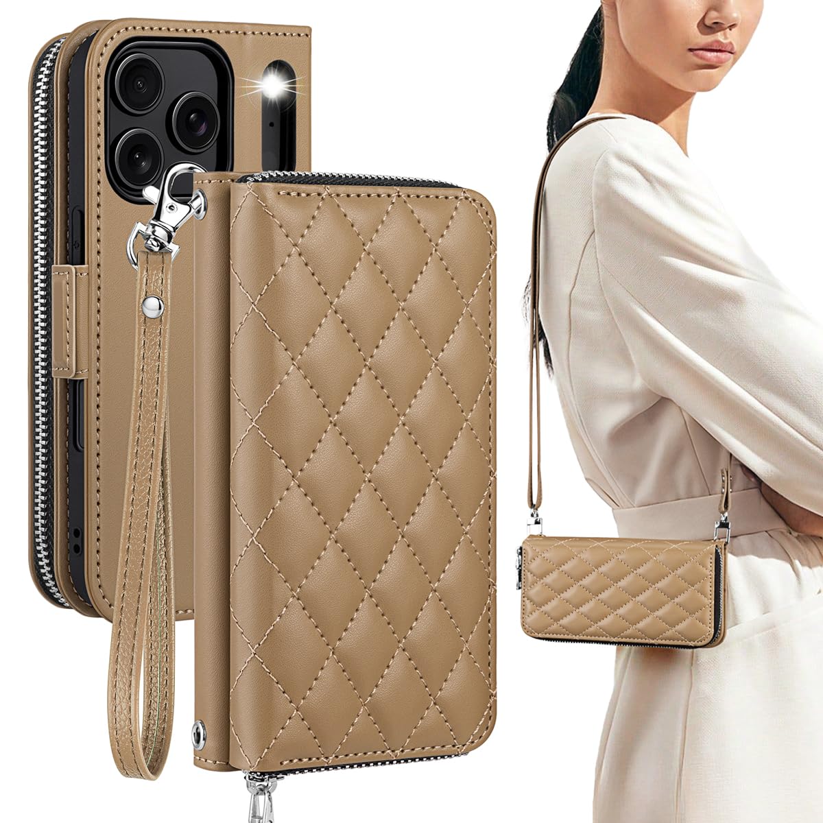 Photo 1 of OCASE Crossbody Wallet Case for iPhone 18 Pro Max/17 Pro Max, Khaki Argyle