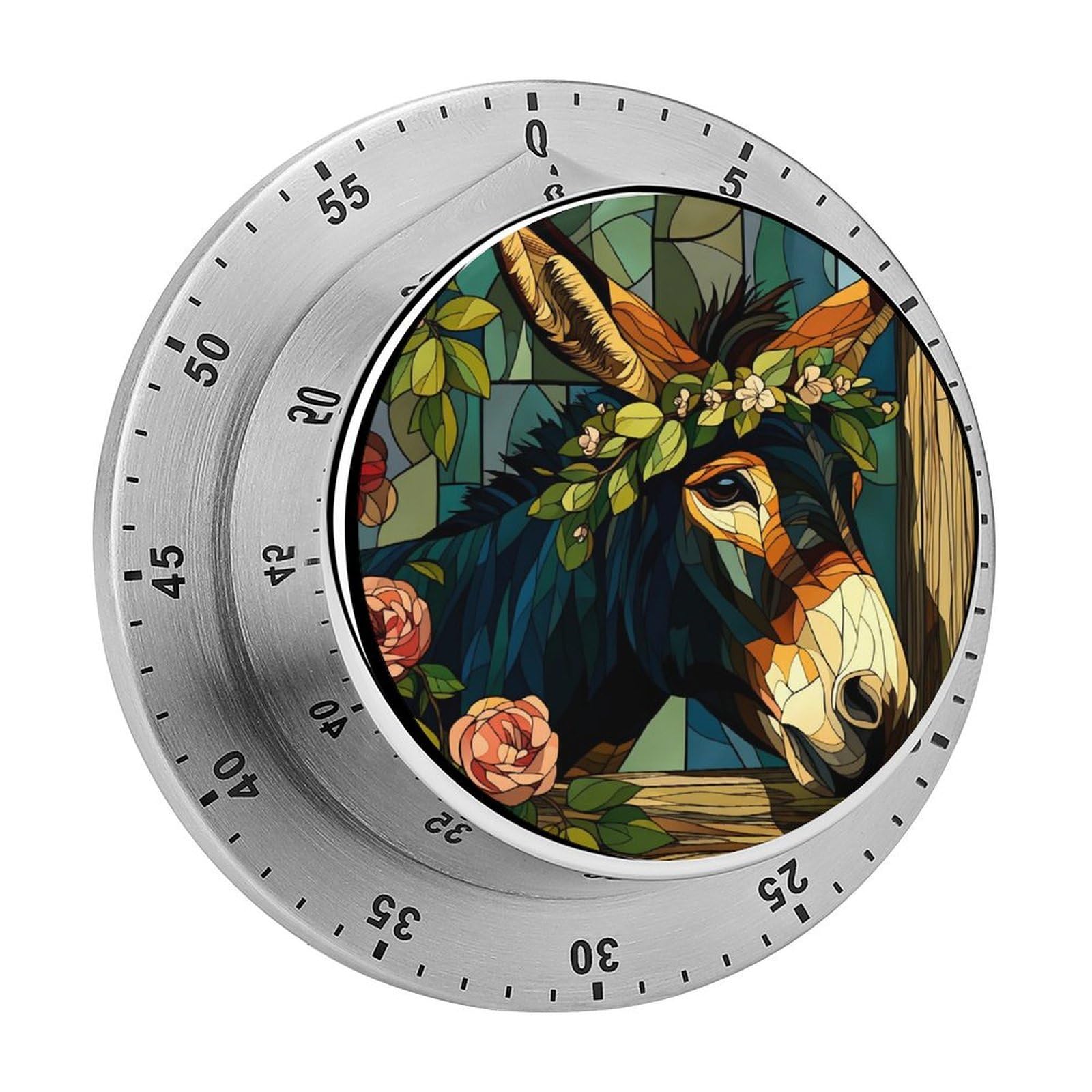 Stained Glass Donkey Floral 60 Minute Wind Up Timer,Visual Mechanical Magnetic Timer with Loud Alarm for Kitchen