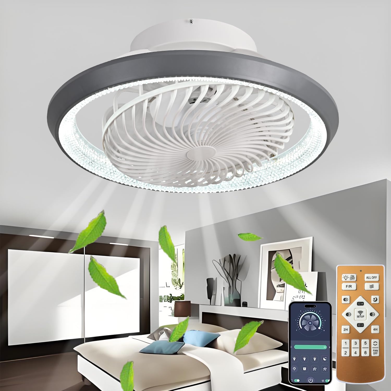 Ventilador de Techo con Luz Sin Aspas Ø 49 cm, Ventilador Oscilante Silencioso con Control Remoto y APP, LED Lámpara de Techo de Atenuación Continua Sala de Estar Estudiar Leer, Gris