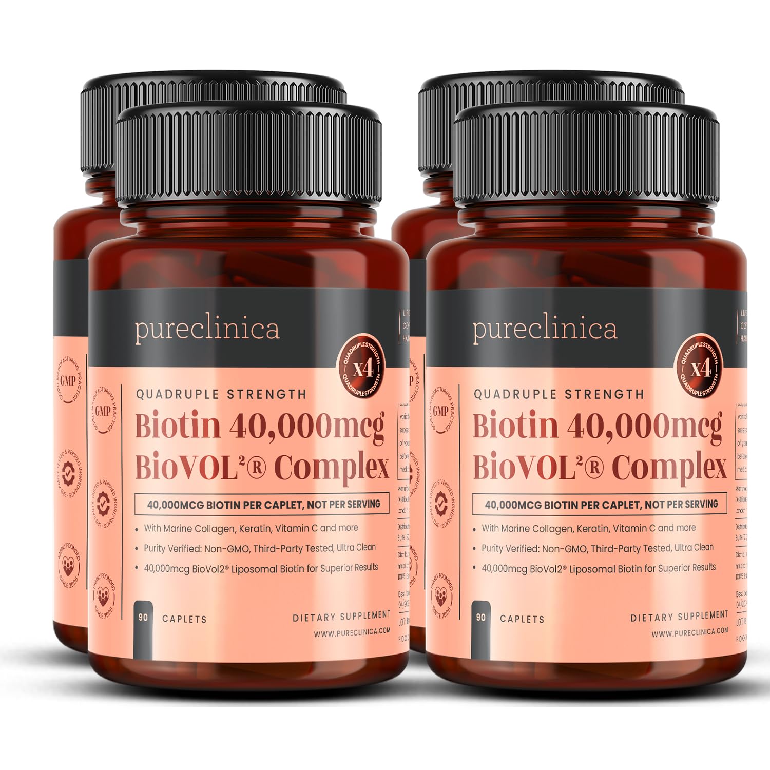 400 % Stärke Biotin 40.000 µg – 360 Tabletten (4 Flaschen à 90 Stück) – BioVOL²® Liposomales Biotin-Komplex | Mit Meereskollagen, Keratin, Vitamin C & mehr | 12-Monats-Vorrat