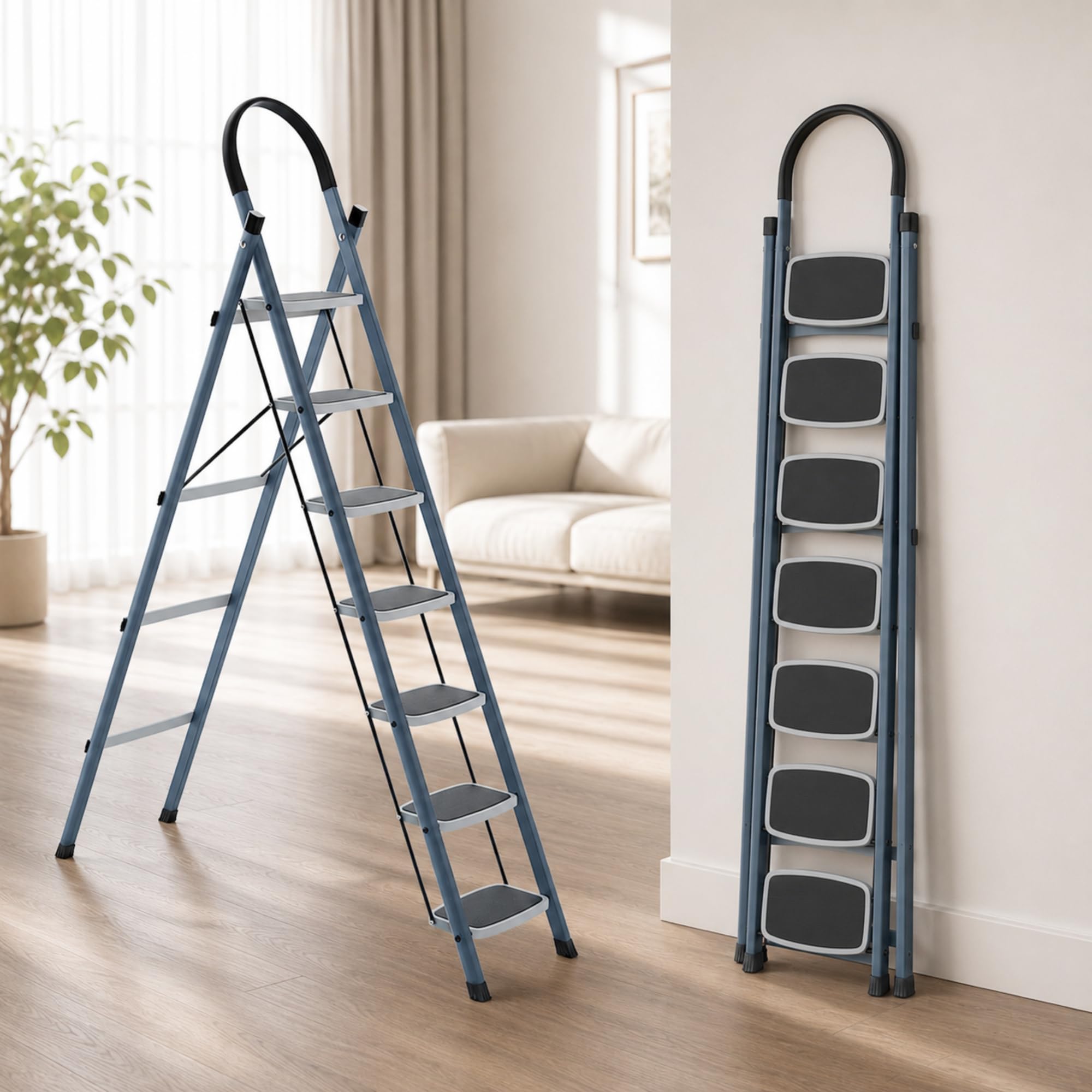 LAPO Folding Ladder for Home & Office | Heavy Duty Steel Step Ladder | 150 kg Load Capacity | 20 x 30 cm Anti-Slip Large Platform | Non-Slip Rubber Feet | 5 Years Warranty | Grey (5 Step) — Amazon image 7