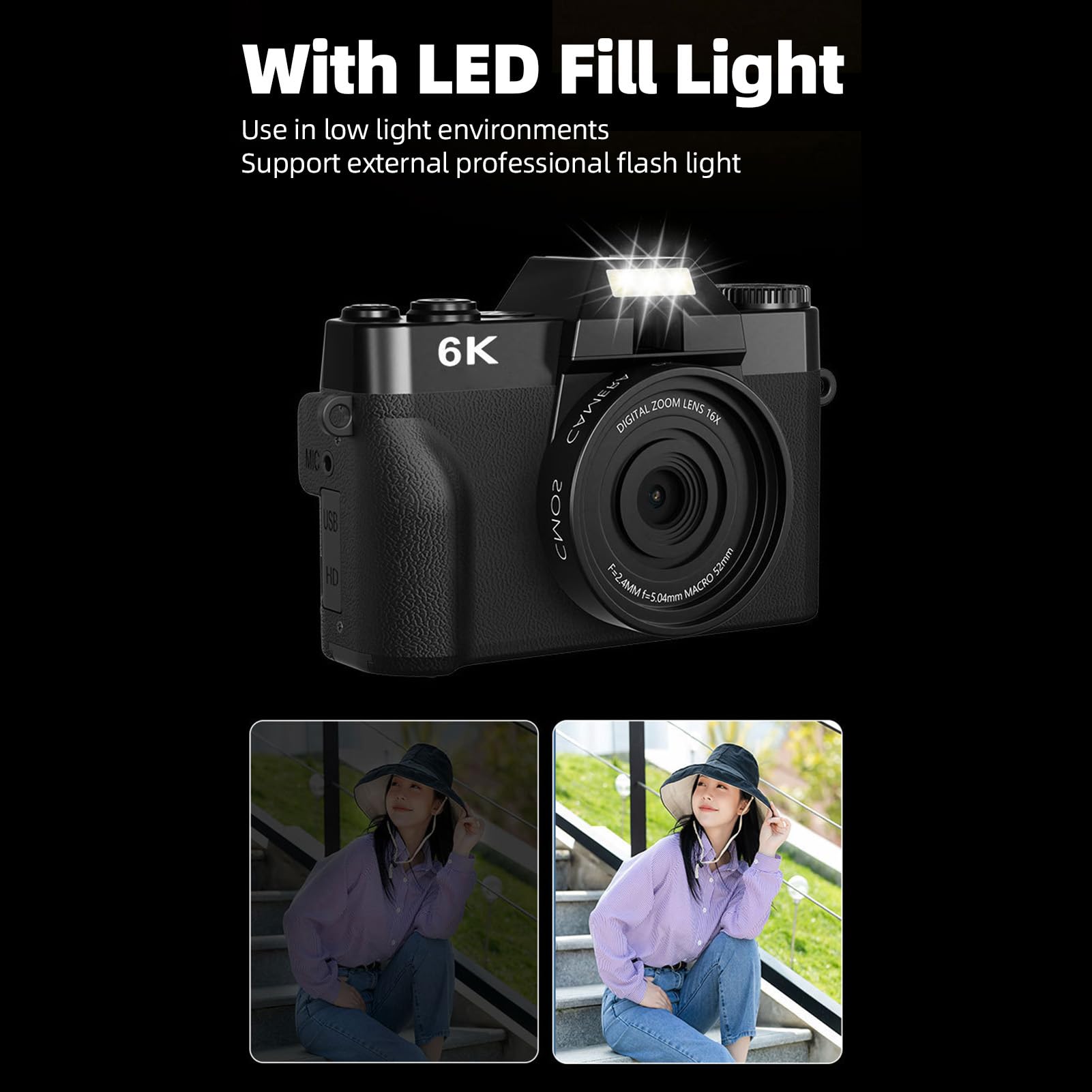 Annadue Fotocamera Digitale per Fotografia, Videocamica da 6k da 64 MP con Schermata di Lancio da 3,0 Pollici, Zoom Digitale 16x, Fotocamera Mirrorless Autofocus per Fotografia (BLACK)