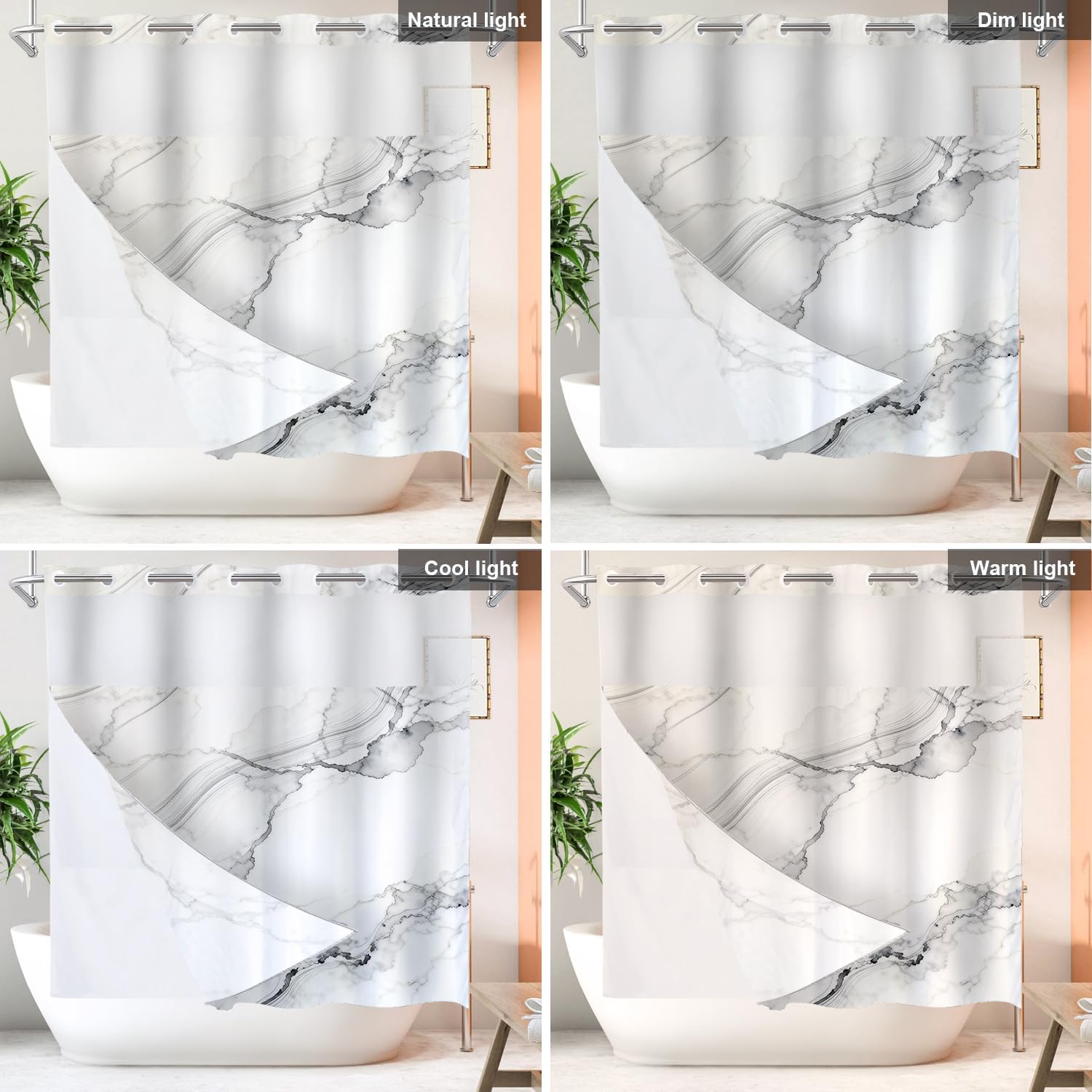Shrahala White Marble No Hooks Shower Curtain with Snap in Liner Set, Marble Pattern Gray White Marbled Stone Background Bathroom Décor Polyester Fiber Waterproof for Stall Bathtubs 71 X 74 in