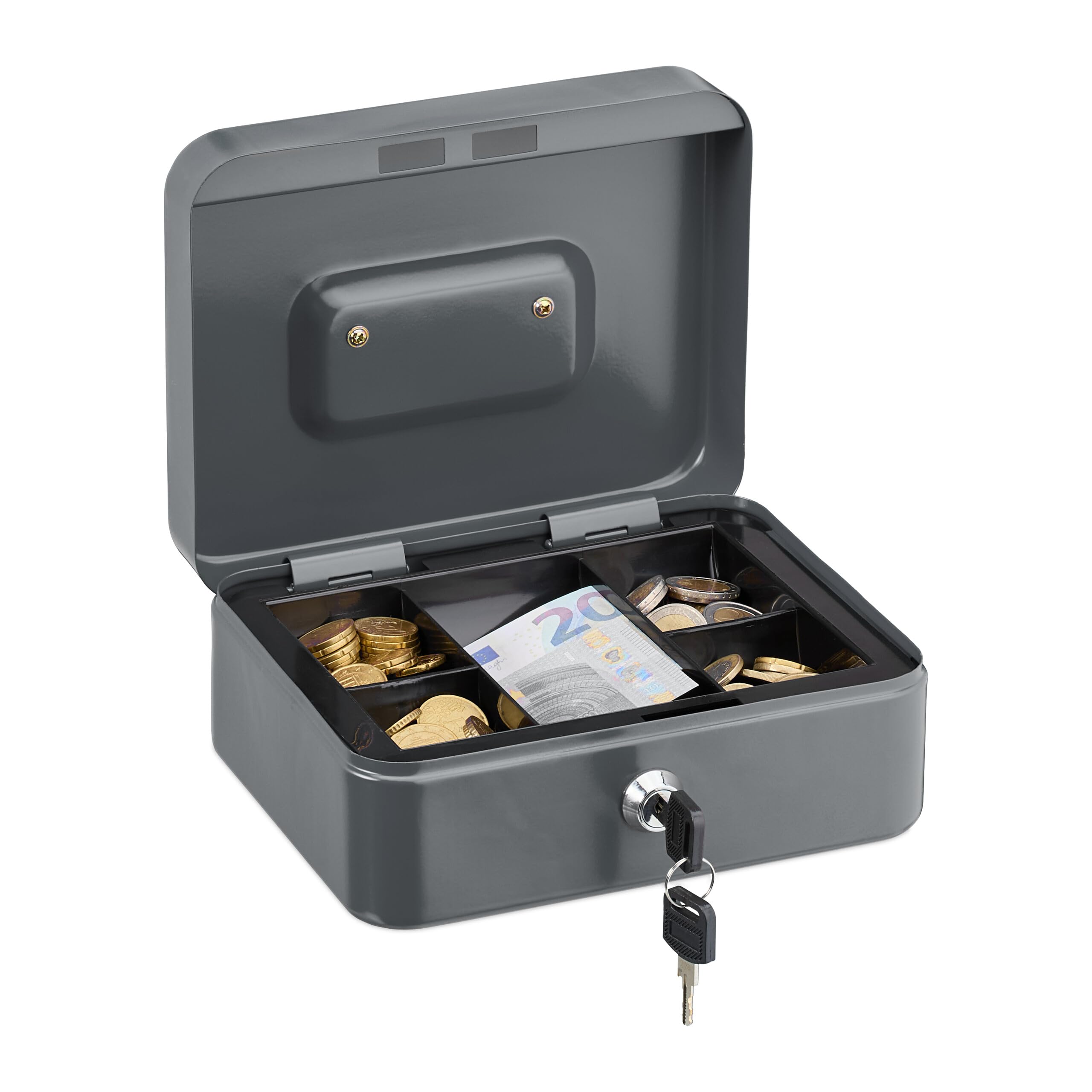 Relaxdays Cash box lockable, removable insert, 5 compartments, iron money box, HxWxD: 8.5 x 20 x 17 cm, grey