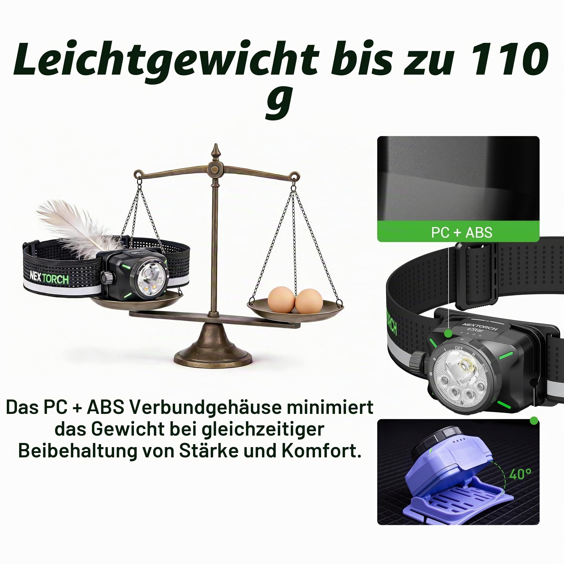 NEXTORCH eStar Stirnlampe 1300 Lumen, Aufladbare LED Kopflampe Ultraleicht mit Rotlicht, Wasserdichtes Stirnband für Outdoor, Camping, Wandern, Laufen & Joggen & Arbeit, 2 x 1200 mAh Akkus, USB-C