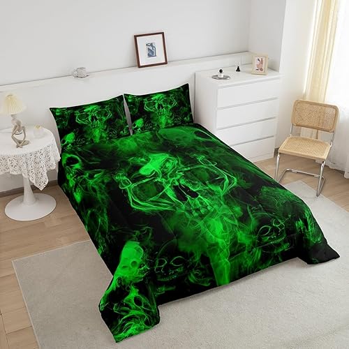 Miniatura 4 de Erosebridal Juego de edredón de calavera verde, juego de ropa de cama de esqueleto gótico para Halloween, para niños, adolescentes, adultos y