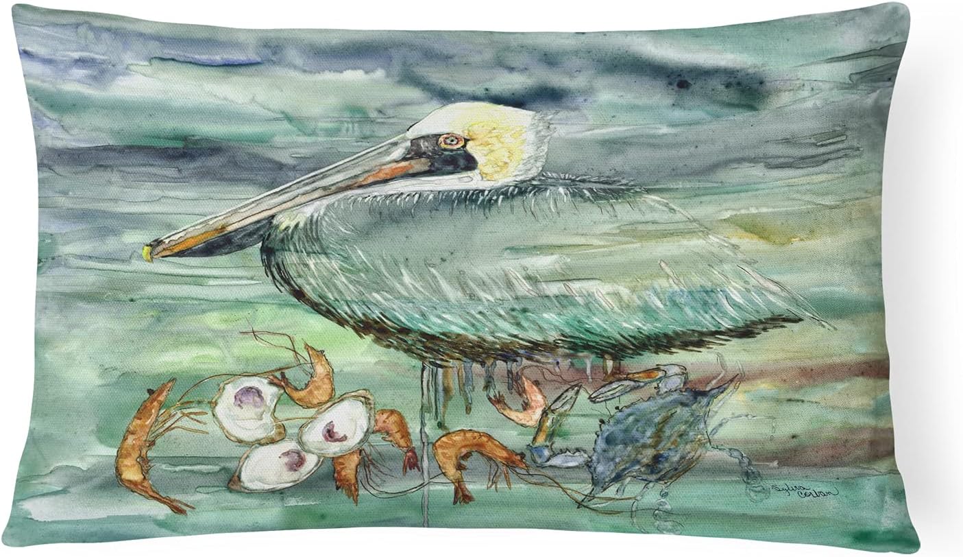 Caroline's Treasures 8978PW1216 Watery Pelican, Shrimp, Crab and Oysters Canvas Fabric Decorative Pillow 100% Machine Washable Pillow, Indoor or Outdoor Decorative Throw Pillow for Couch, Bed or Patio