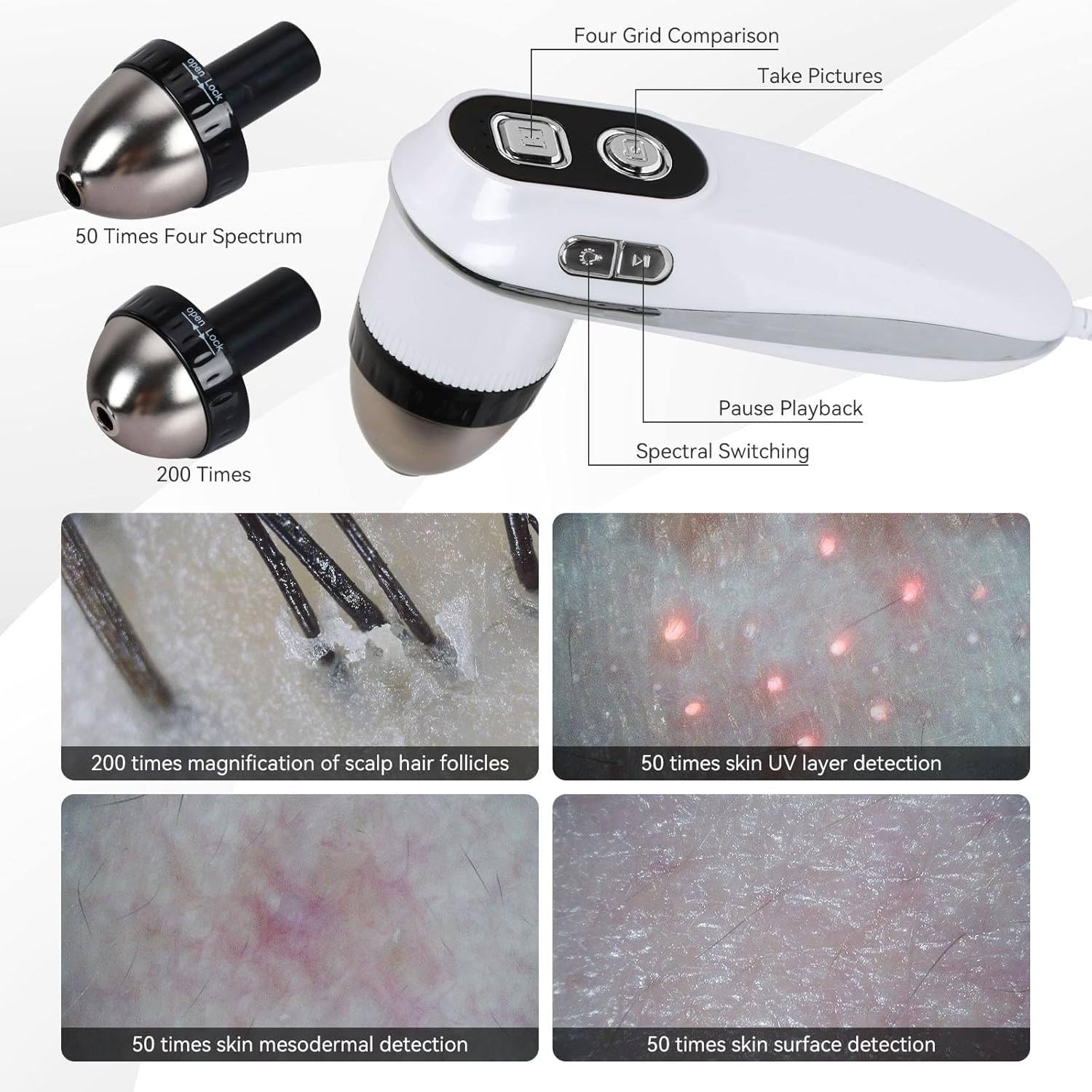 Multifunktional Haarfollikel-Analysegerät & Scalp Detektor, Mit 50x- und 200x-Mikroskop-Griffsonde, für Hauttests und Haaranalyse im Home Salon Beauty Center