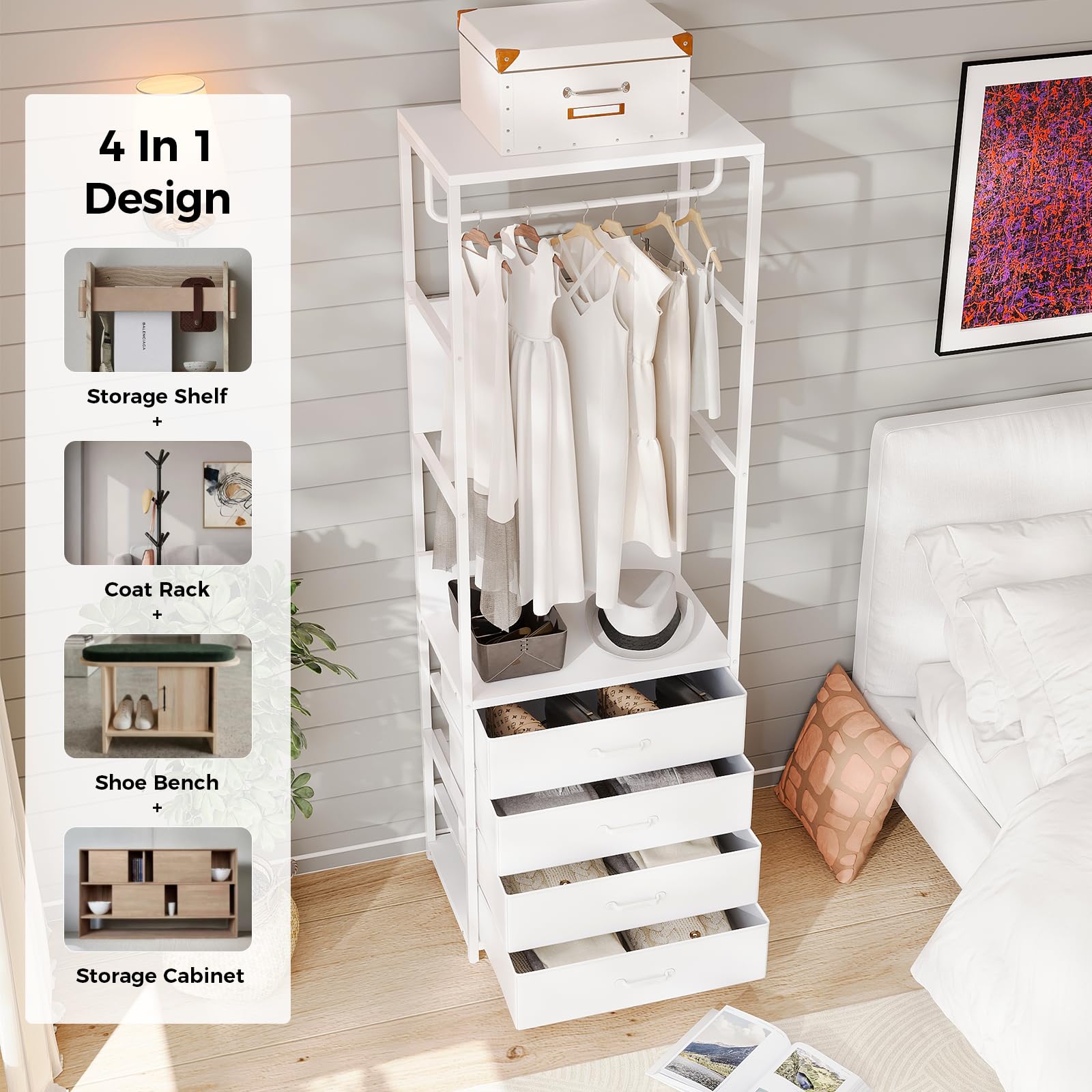 VOWNER Appendiabiti da Terra, Mobile Ingresso con Panca, 4 in 1, Attaccapanni con Barra e 4 Cassetti, Stand Appendiabiti in Struttura in Metallo, per Camera da Letto, 60 x 180 x 40 cm, Bianco