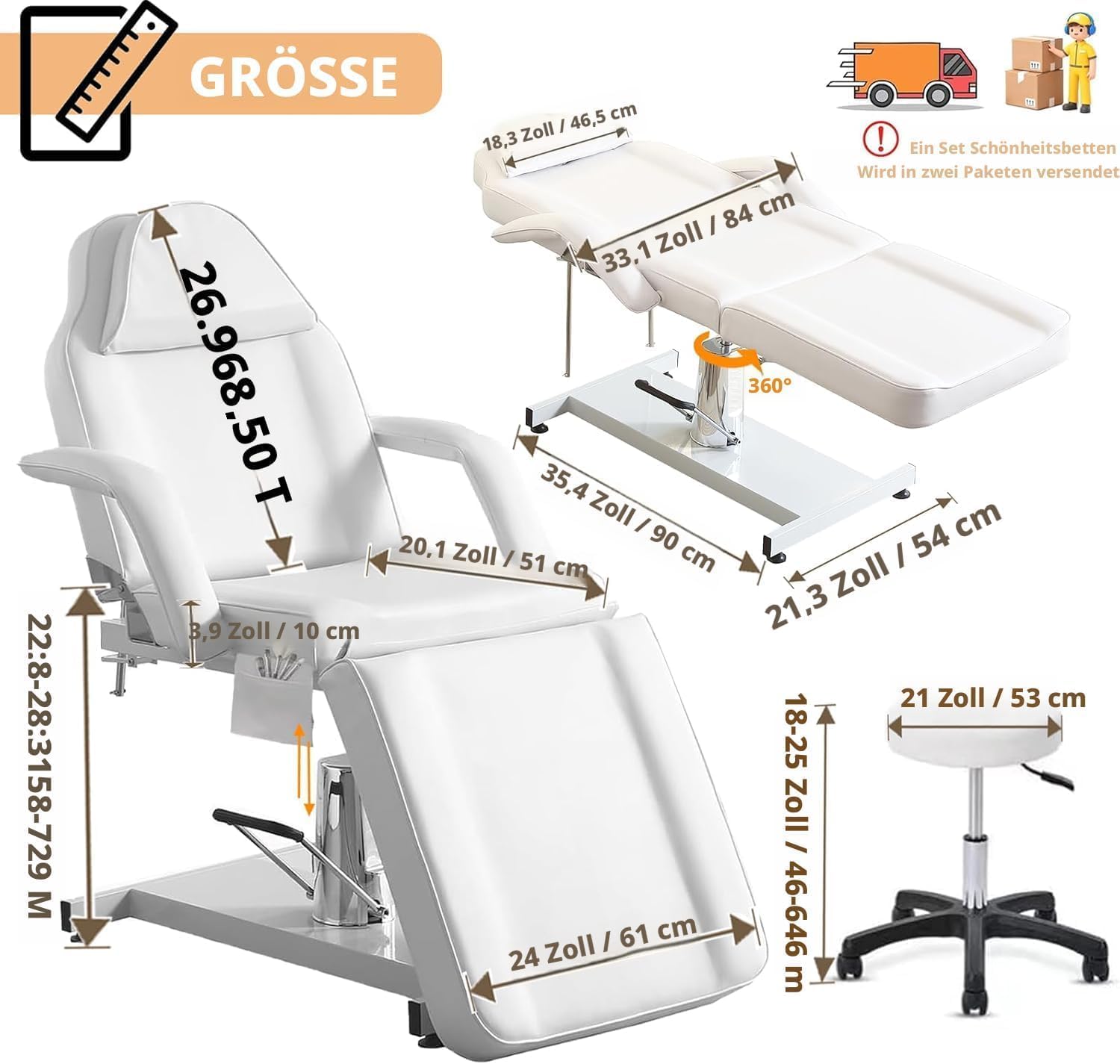LSLIFE Professional Hydraulic Beauty Bett Aufzug Massage Bett Memory Spongemat Ergonomische verstellbare Armbänder wasserdicht PU Leder Für Schönheitssalons, SPA und Heim (Weiß)