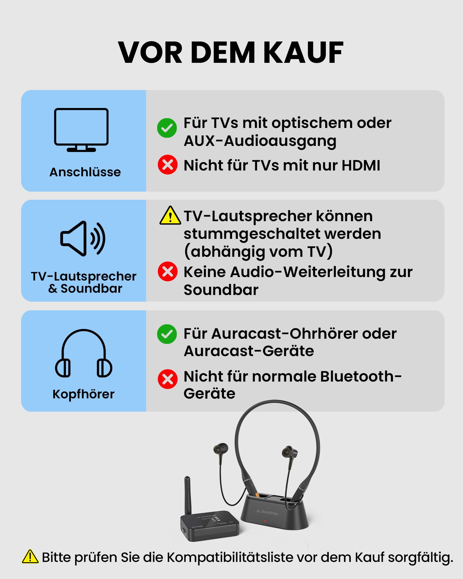 Avantree Aura Loop – Next-Gen Funkkopfhörer Kabellos für TV Fernseher mit Auracast & Ladestation, 3 EQ-Modi mit Voice Clear für Senioren, Unterstützt One-to-Many Auracast-Verbindungen