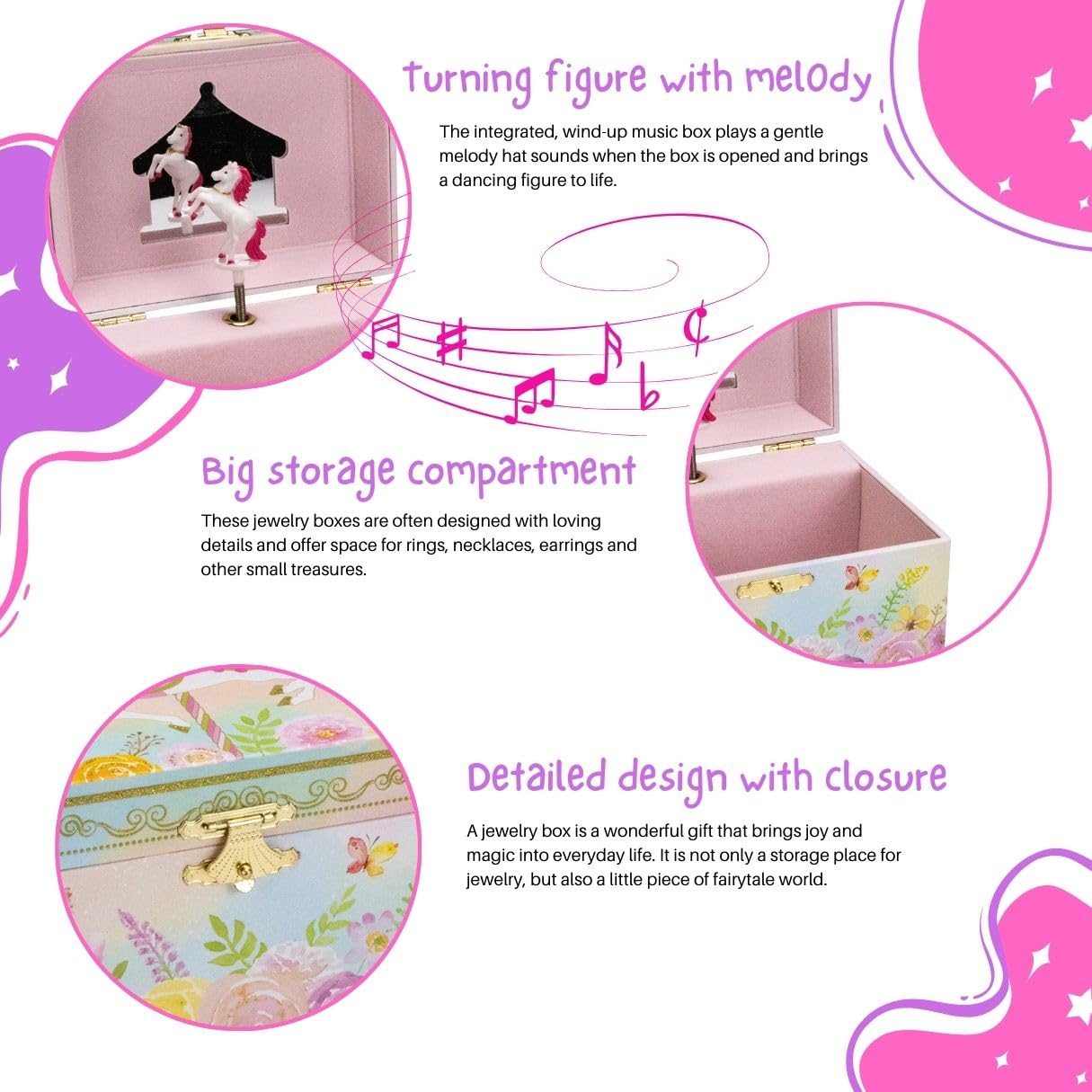 GICO Joyero unicornio para niñas, reloj infantil con música, figura giratoria y espejo, regalo de cumpleaños para niñas, caja de joyas para niños, 15 x 13 x 9 cm – 92066