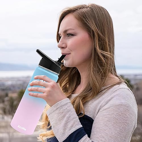 Miniatura 7 de XccMe Paquete de 2 botellas de agua aisladas, botellas de agua de acero inoxidable de 22 onzas con pajilla, botella de agua de metal de doble pared