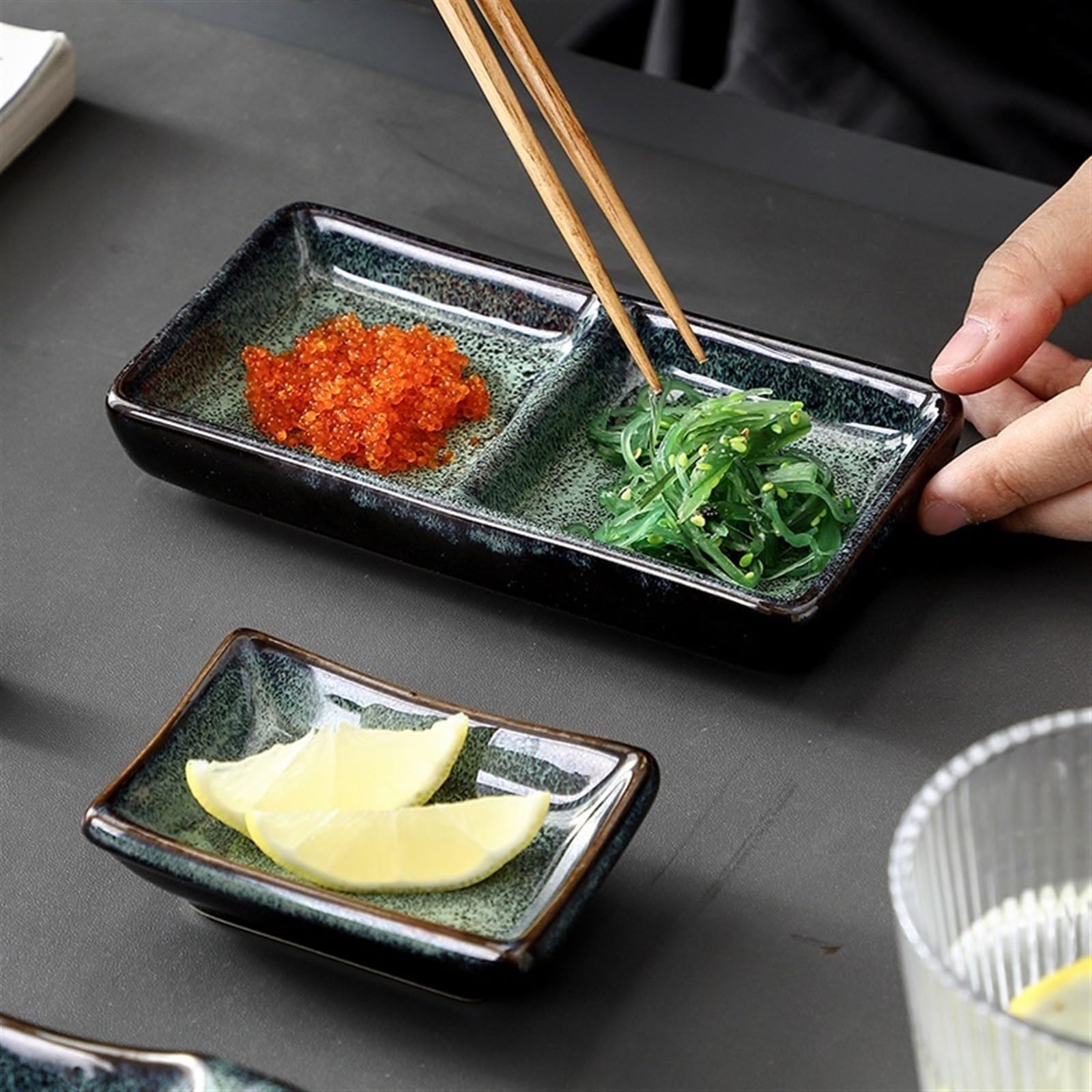 Bandeja para Servir Comida, Plato para Aperitivos, Organizador de Joyas sólido, Plato de condimentos de cerámica con Doble Compartimento, Plato Creativo para Salsas, Personalizado para el hogar