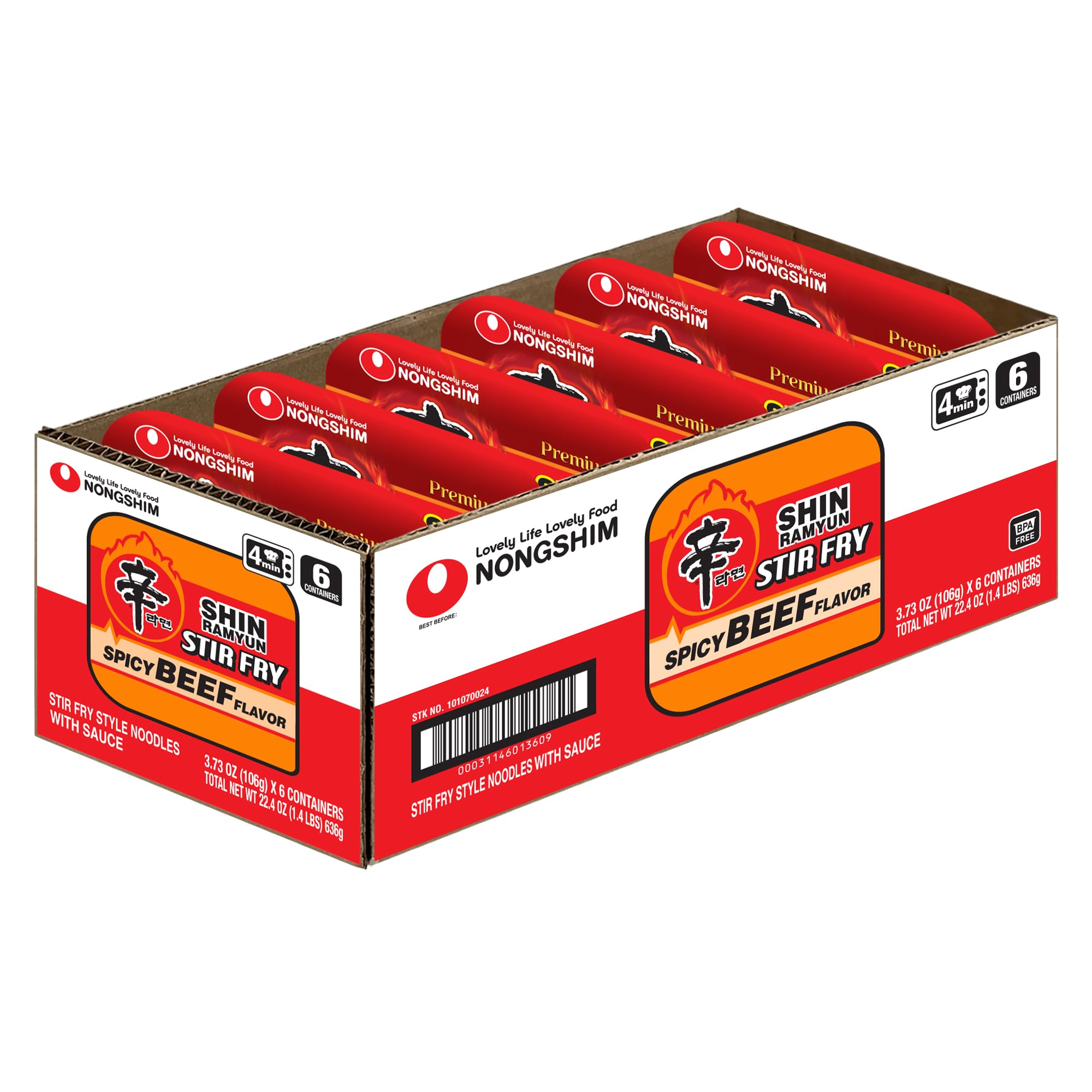 Nongshim Ramen Noodles, Gourmet Instant Ramen Bowl, Premium Microwavable Noodle, Stir-Fry Square, 3.73 Ounce (Pack of 6)