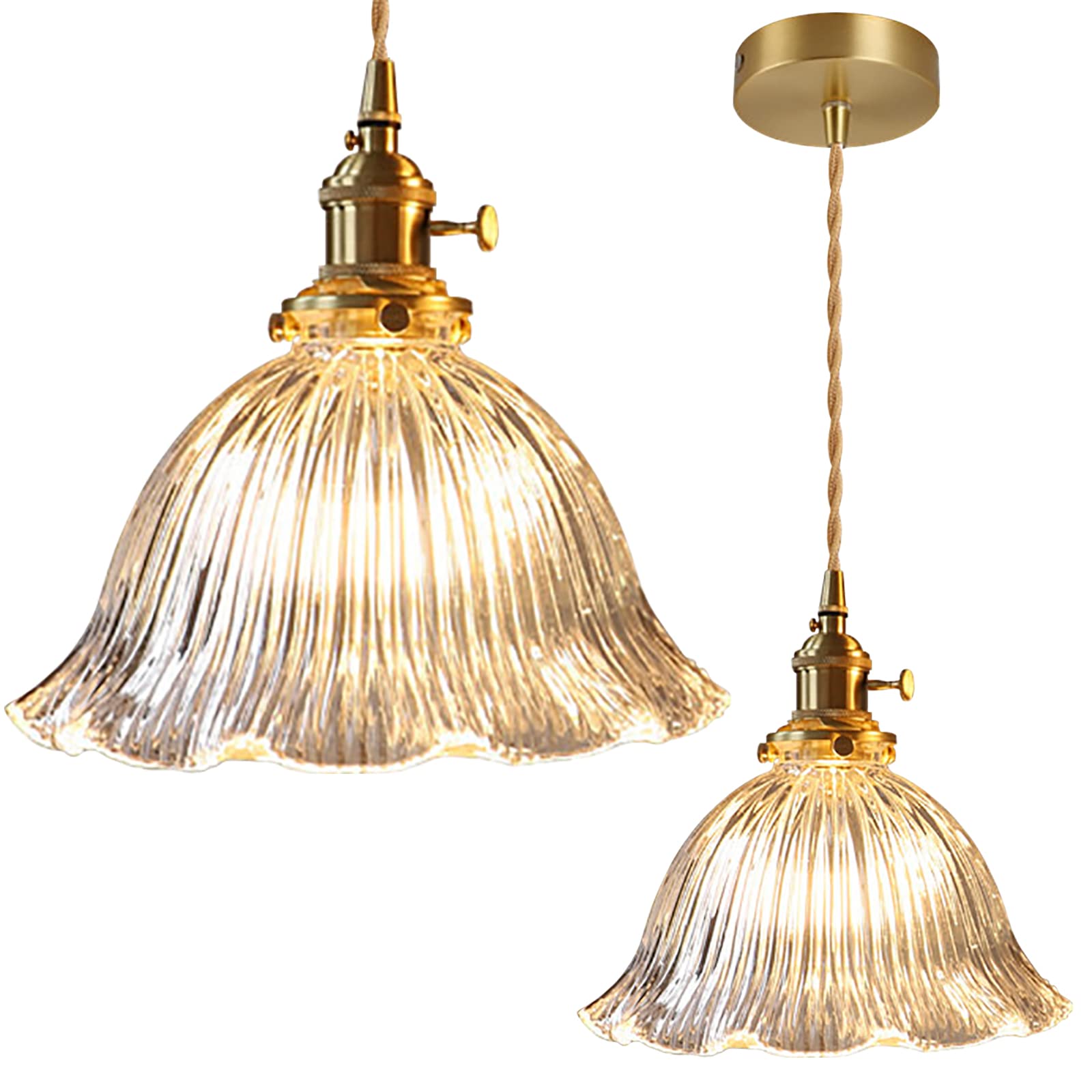 SXWNBIFH Nordic Glass Pendant Light Modern Bedside Chandelier Flowers Shape Adjustable Copper Hanging Lights Home Decor for Bedroom Dining Room Kitchen Island (transparent B)