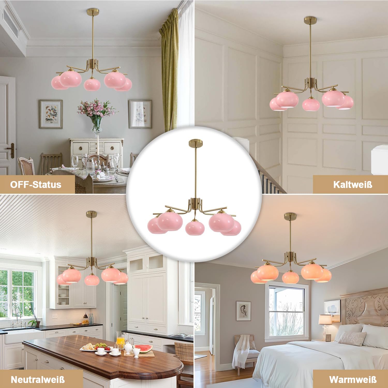 KCO Lighting Modern Pink Kronleuchter Rosa Glas Pendelleuchte 5 Lichter Gold Große Globe Kronleuchter Mitte Jahrhundert Unterputz-Deckenleuchte Leuchte für Esszimmer Küche Insel Wohnzimmer