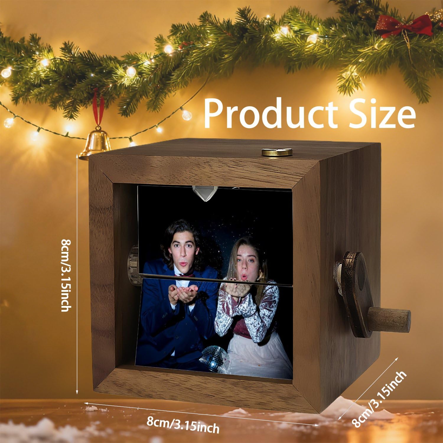 Caja de animación mecánica iluminada personalizada, caja de animación de manivela de fotos personalizada, caja de recuerdo personalizada para parejas románticas (16 fotos, con LED)