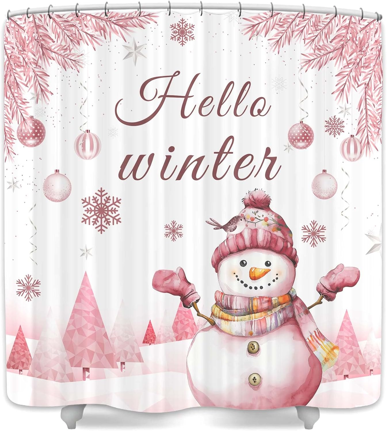 JAWO Winter Christmas Snowman Shower Curtain for Bathroom, Hello Winter Christmas Balls Pink Snowman Pine Snow Scenery Shower Curtain Set, Xmas Polyester Fabric Bath Curtains with Hooks,72X78