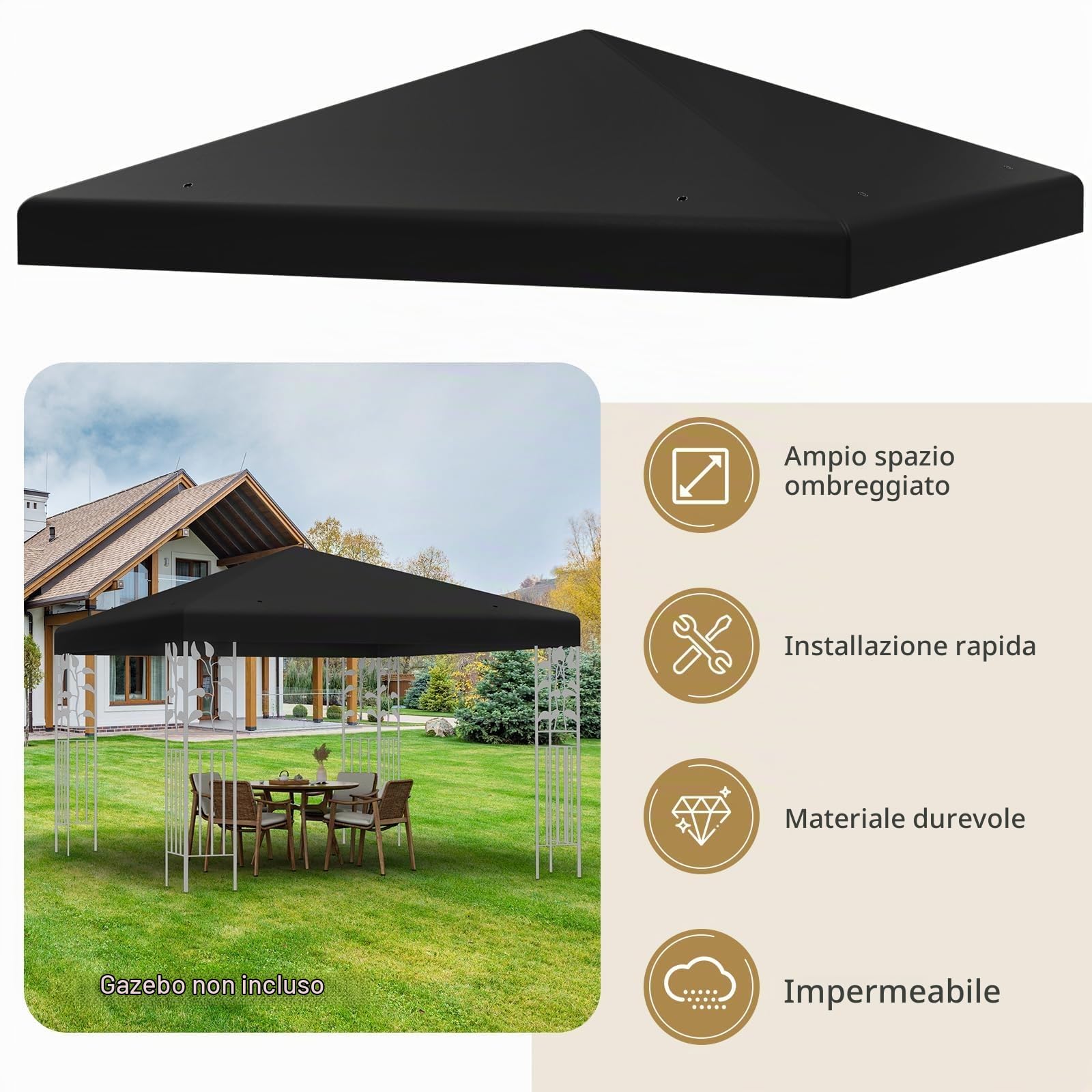 FANTASK Copertura di ricambio per gazebo, 3 x 3 m, con chiusure in, impermeabile e stabile, per gazebo da giardino (nero)